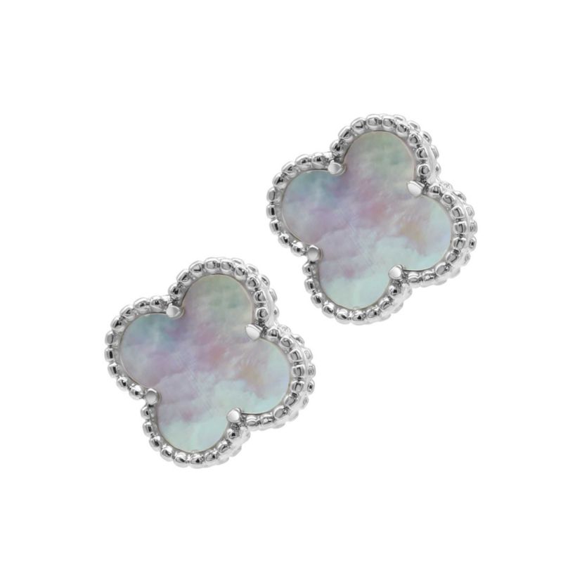 White Mother of Pearl Flower Stud Earrings silver