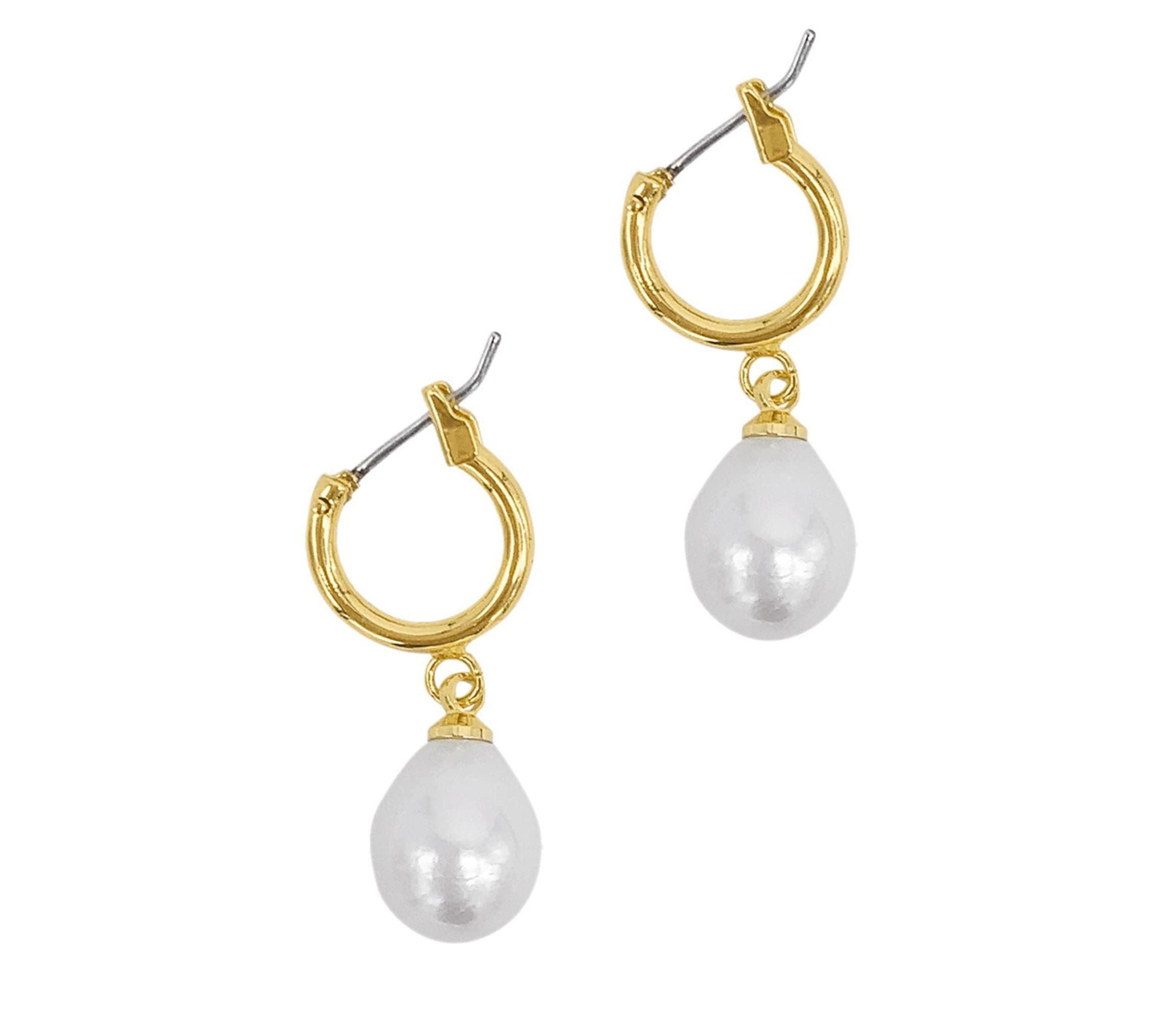 14k Gold Plated Freshwater Pearl Huggie Drop Earrings