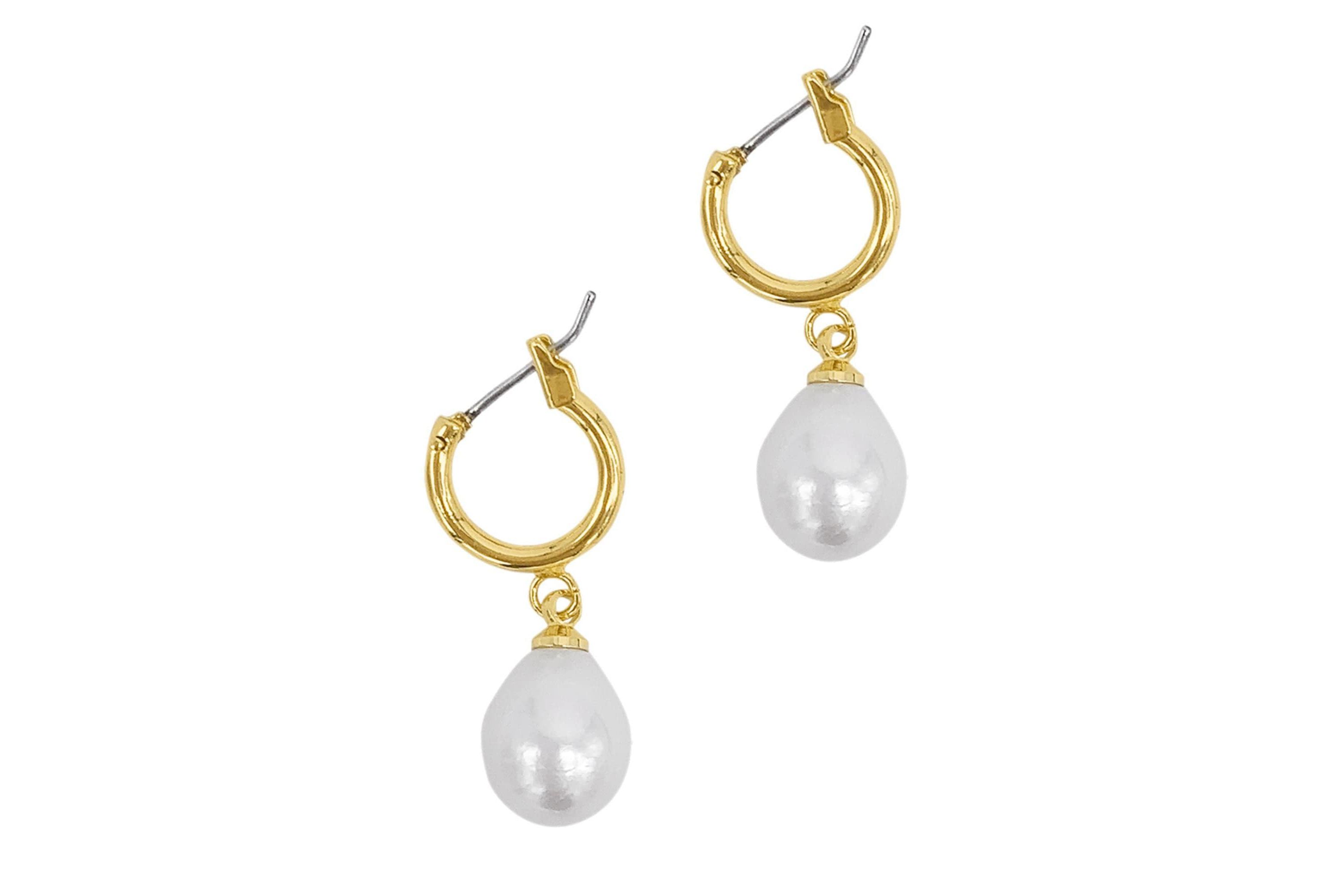 14k Gold Plated Freshwater Pearl Huggie Drop Earrings