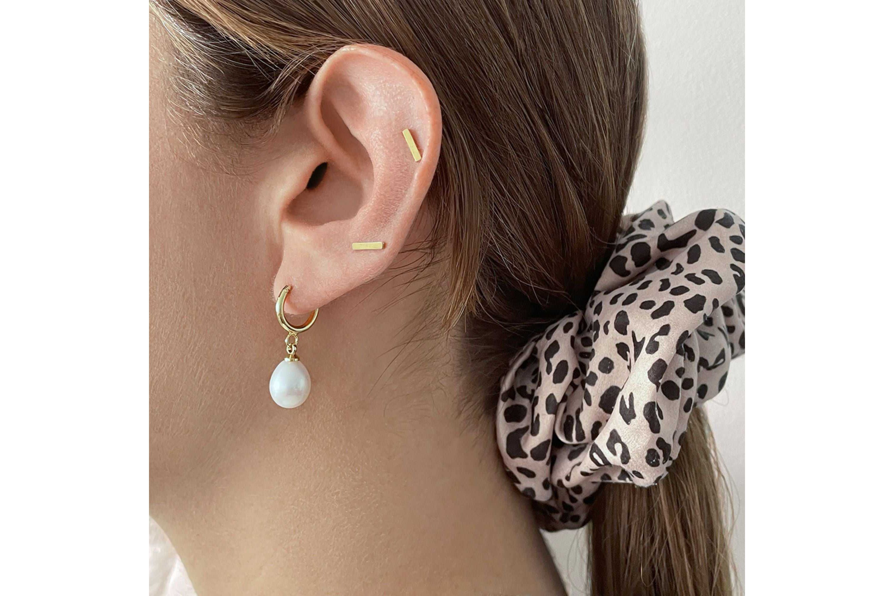 14k Gold Plated Freshwater Pearl Huggie Drop Earrings