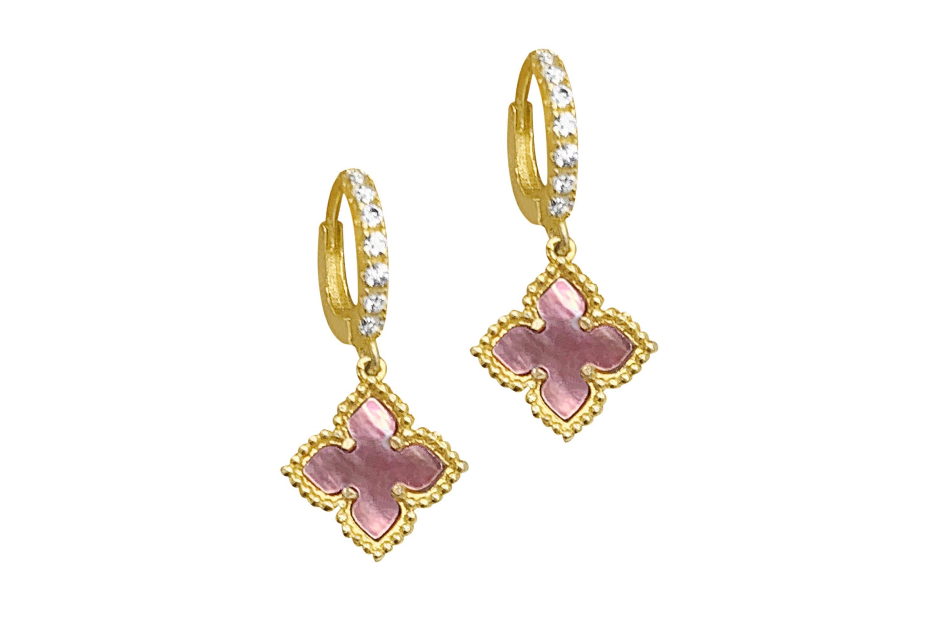 14k Gold Plated Floral Pink Mother of Pearl Drop Earrings