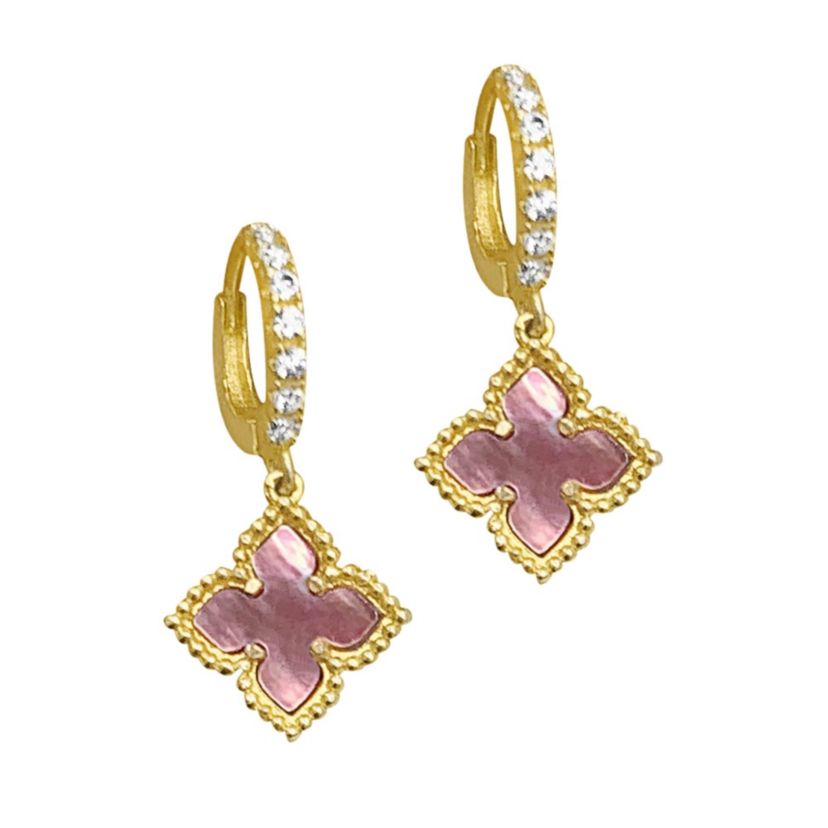 14k Gold Plated Floral Pink Mother of Pearl Drop Earrings