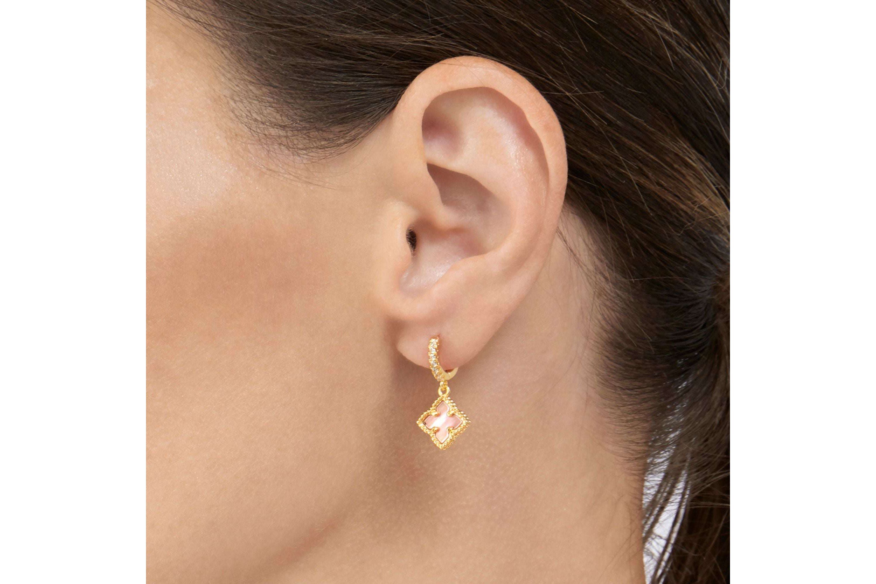 14k Gold Plated Floral Pink Mother of Pearl Drop Earrings