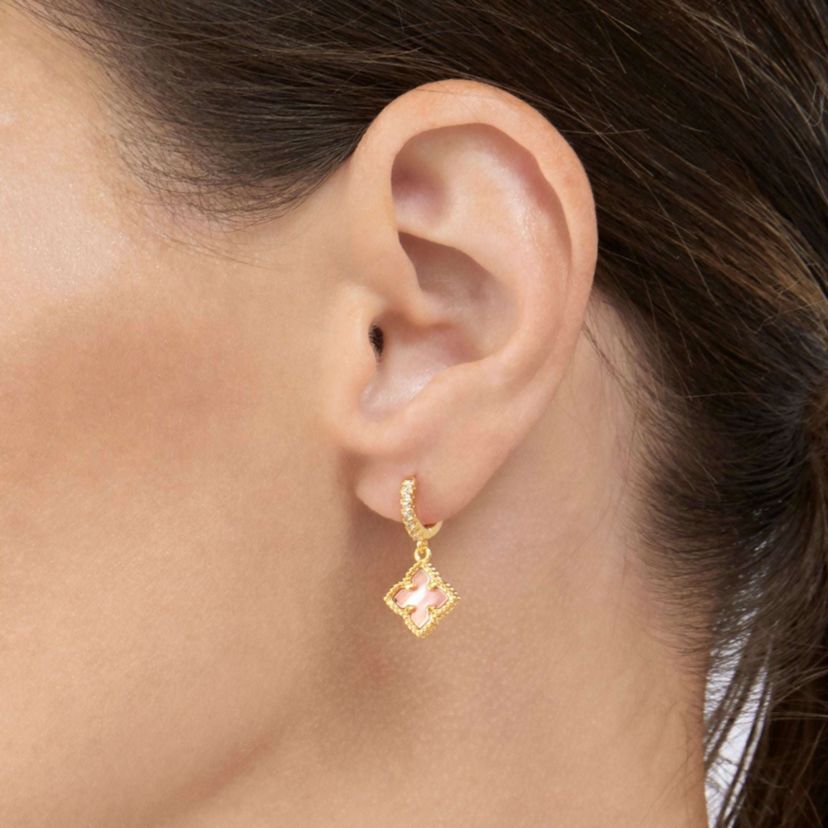 14k Gold Plated Floral Pink Mother of Pearl Drop Earrings
