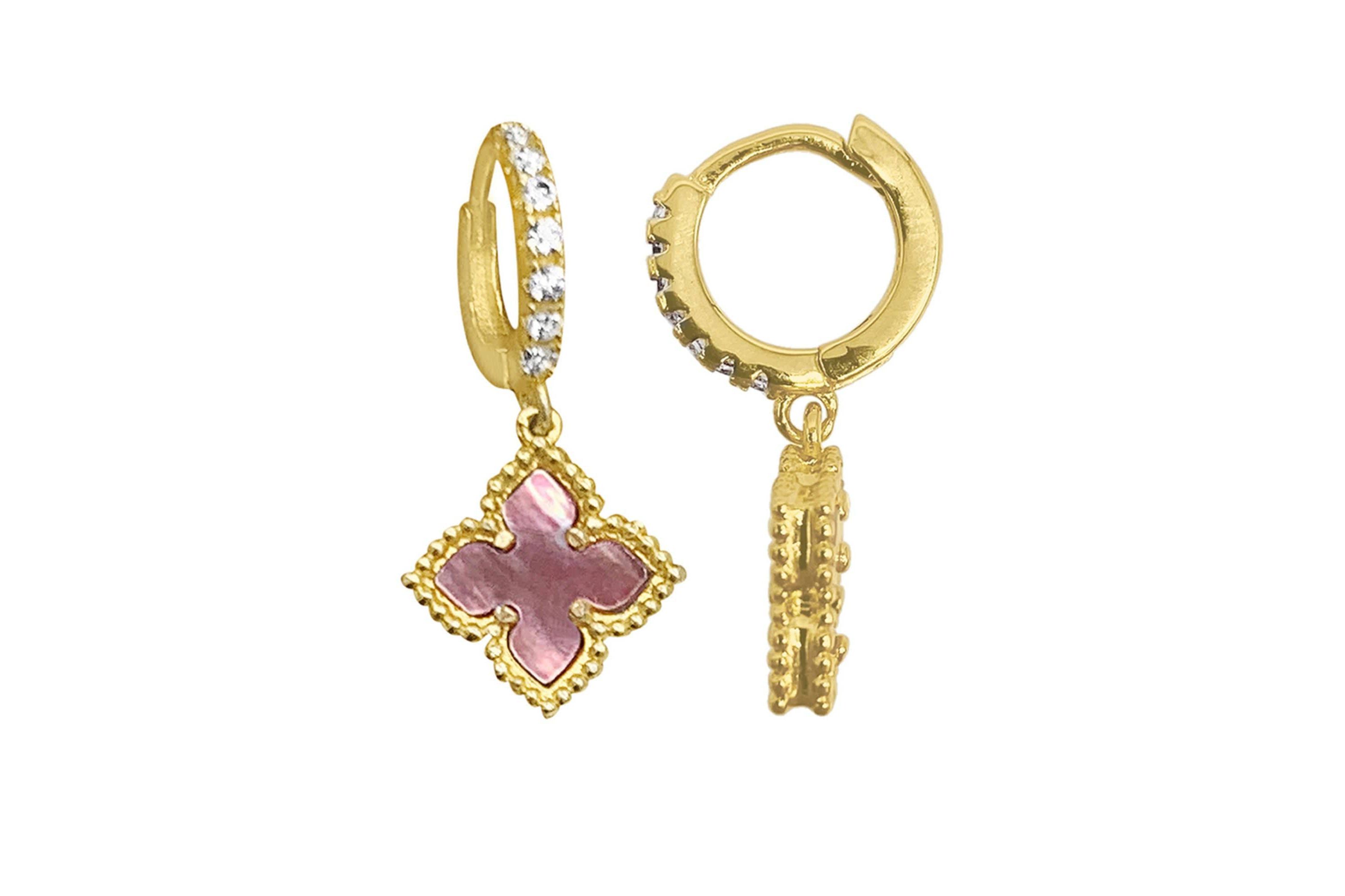 14k Gold Plated Floral Pink Mother of Pearl Drop Earrings