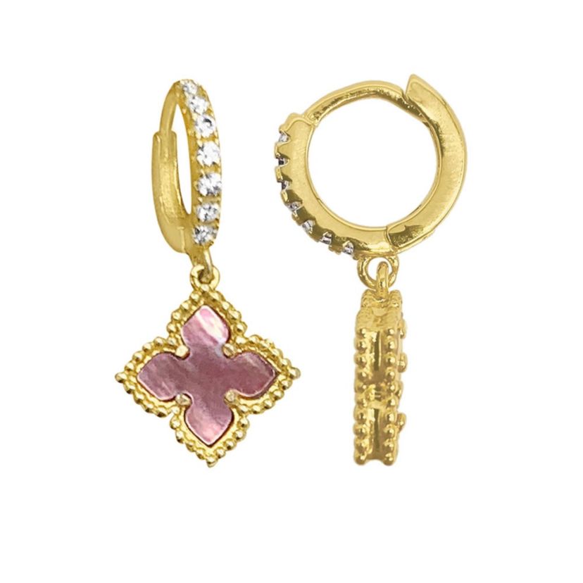 14k Gold Plated Floral Pink Mother of Pearl Drop Earrings