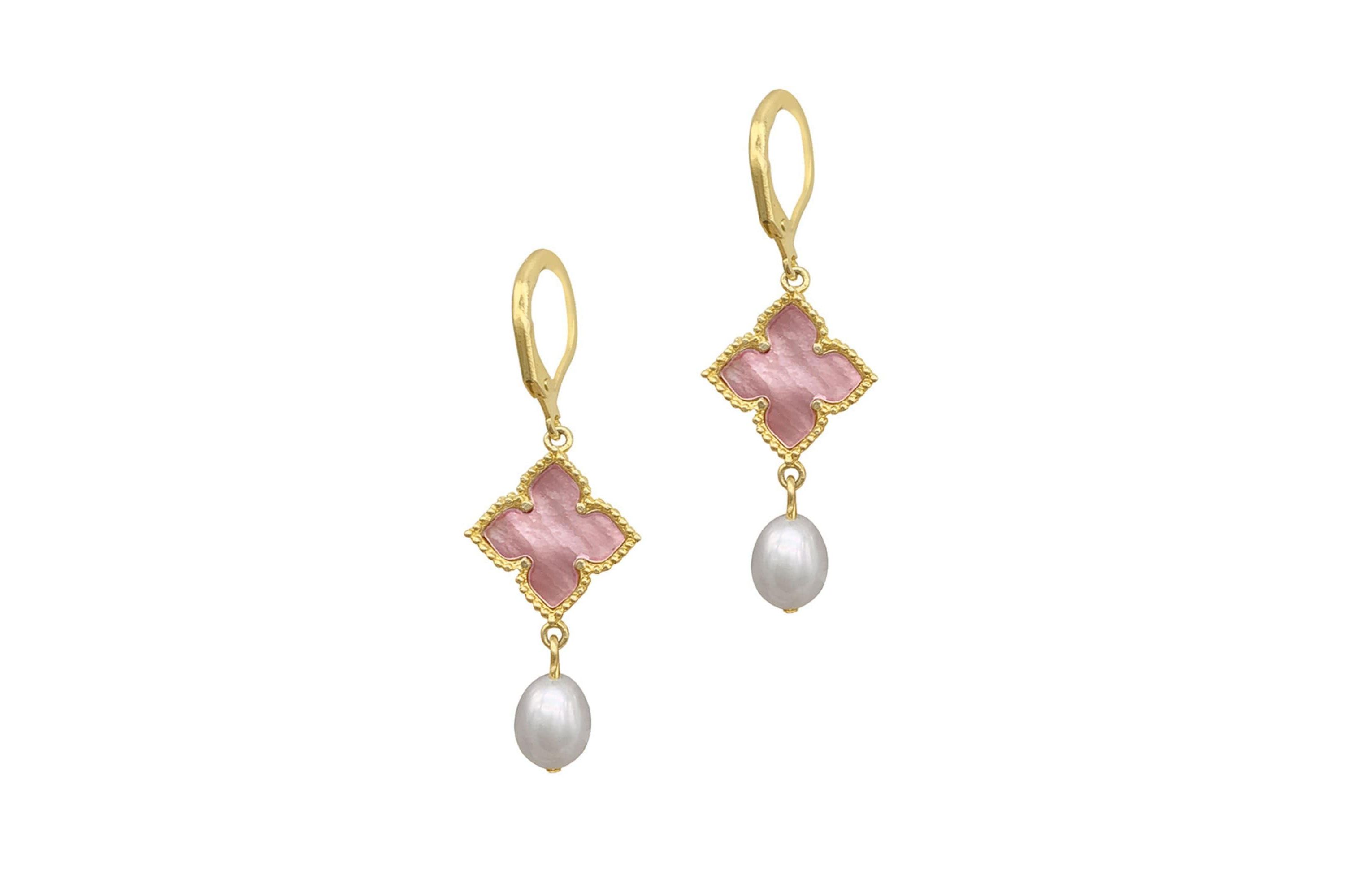 14k Gold Plated Floral and Freshwater Pearl Drop Earrings