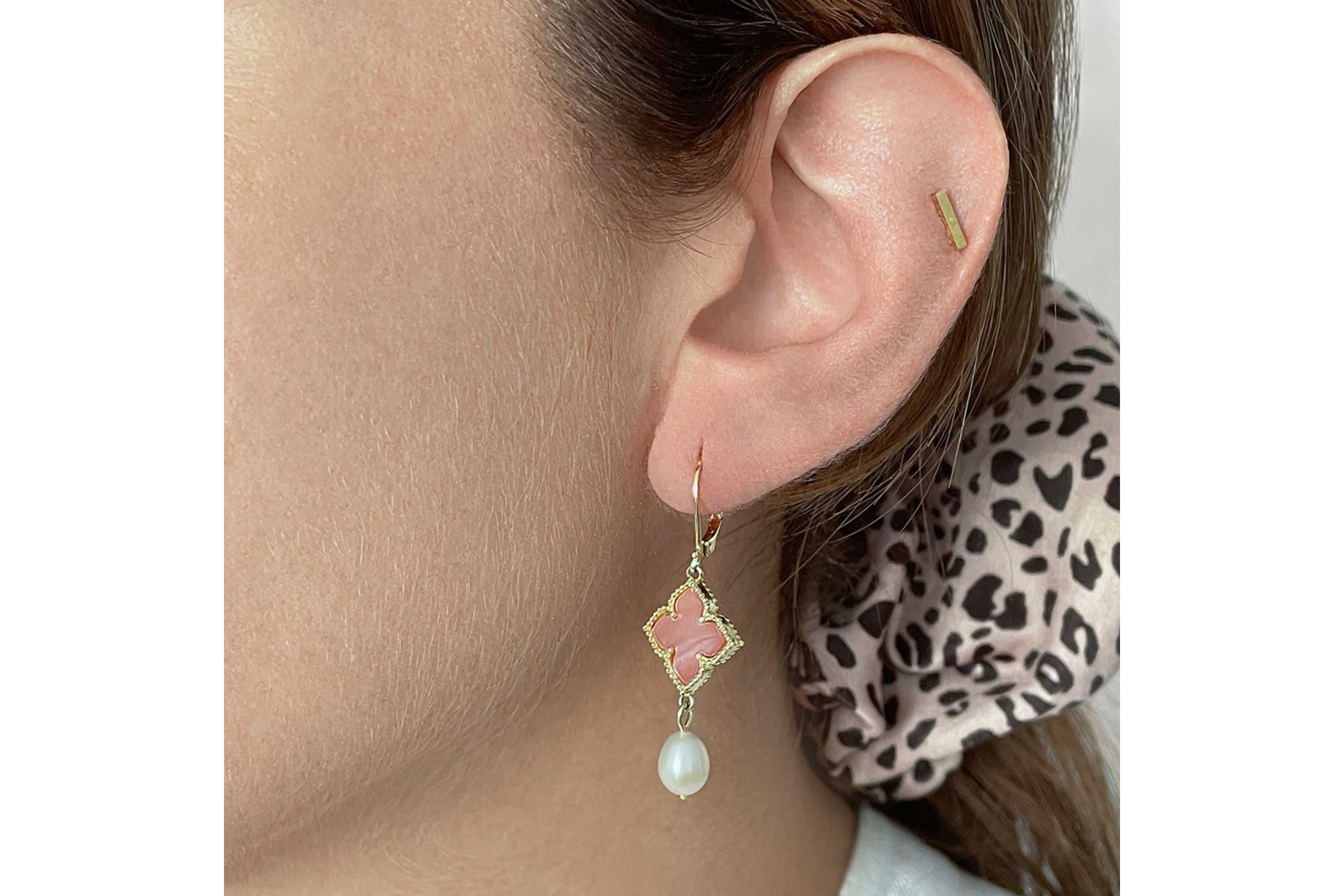 14k Gold Plated Floral and Freshwater Pearl Drop Earrings