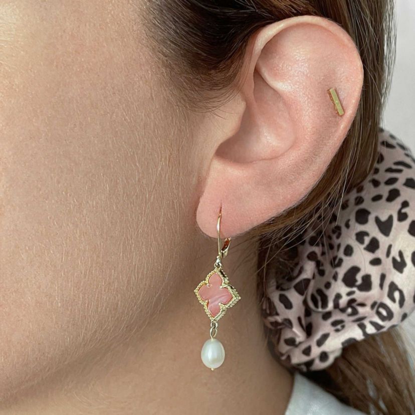 14k Gold Plated Floral and Freshwater Pearl Drop Earrings