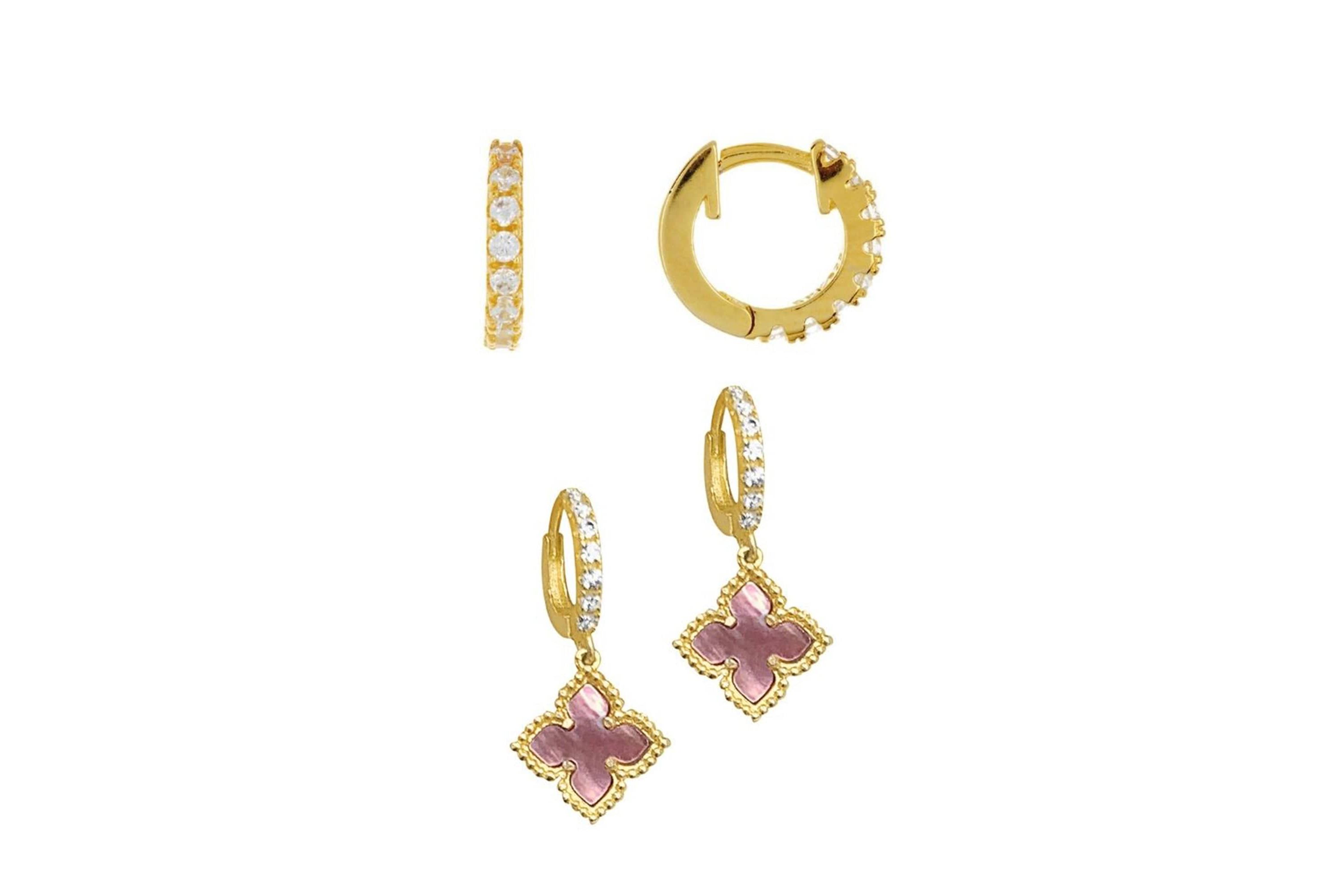 14k Gold Plated Pink Mother of Pearl Huggie Set