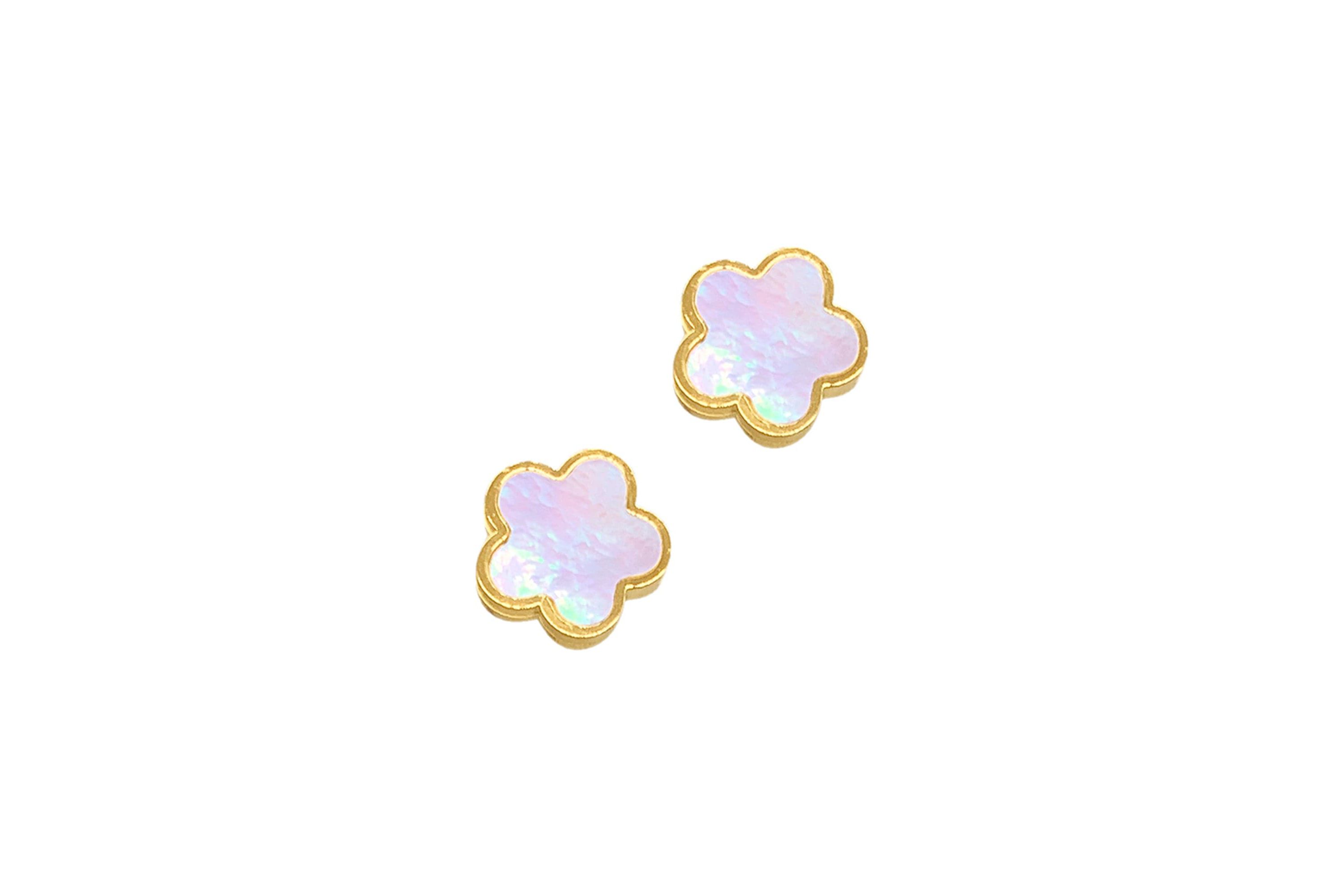 Tarnish Resistant 14k Gold Plated White Mother of Pearl Clover Stud Earrings