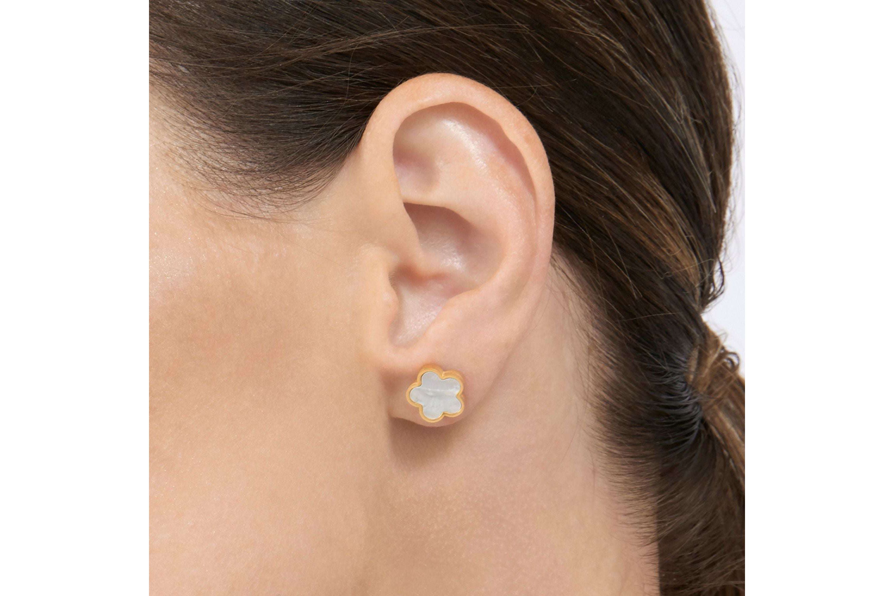 Tarnish Resistant 14k Gold Plated White Mother of Pearl Clover Stud Earrings