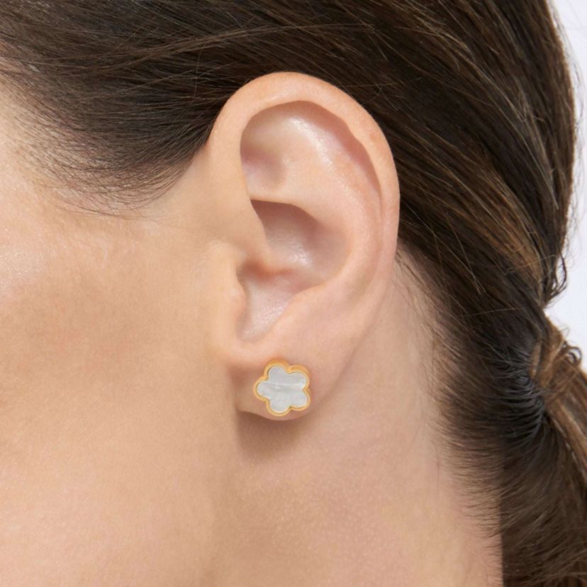 Tarnish Resistant 14k Gold Plated White Mother of Pearl Clover Stud Earrings