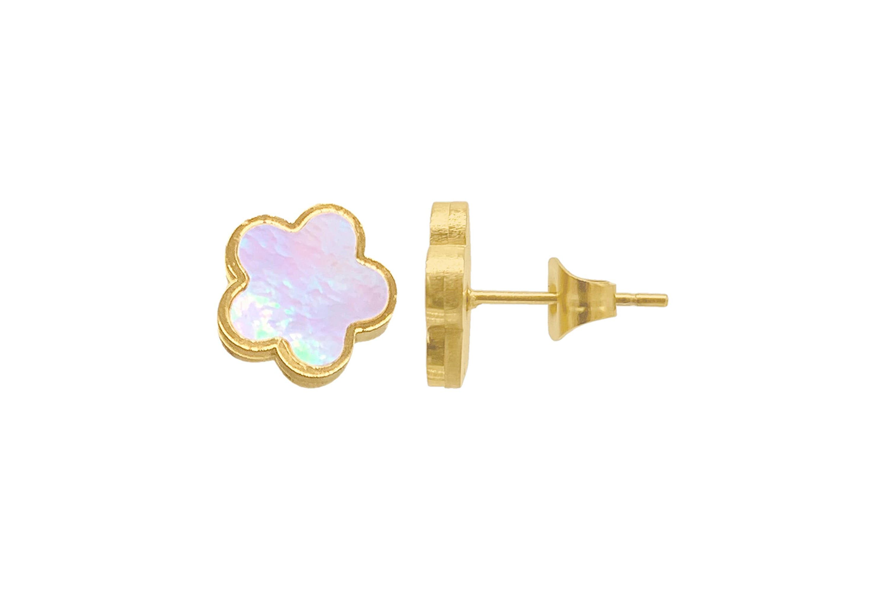 Tarnish Resistant 14k Gold Plated White Mother of Pearl Clover Stud Earrings