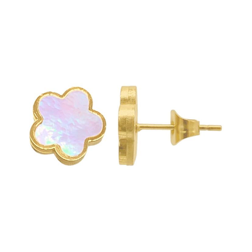 Tarnish Resistant 14k Gold Plated White Mother of Pearl Clover Stud Earrings