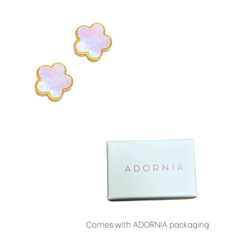 Tarnish Resistant 14k Gold Plated White Mother of Pearl Clover Stud Earrings