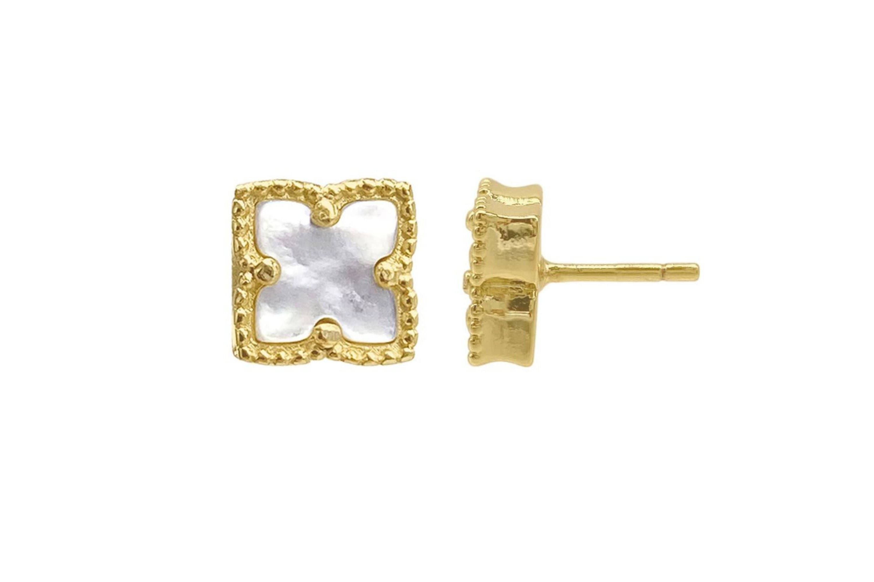 14k Gold Plated Flower White Mother of Pearl Stud Earrings