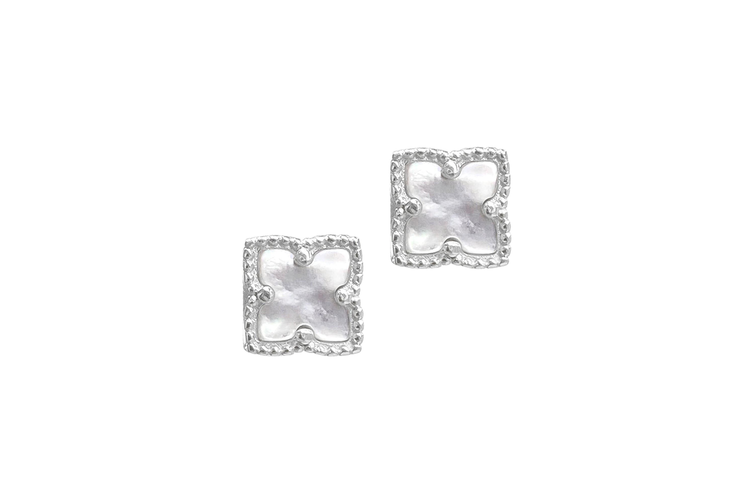 Rhodium Plated Flower White Mother of Pearl Stud Earrings