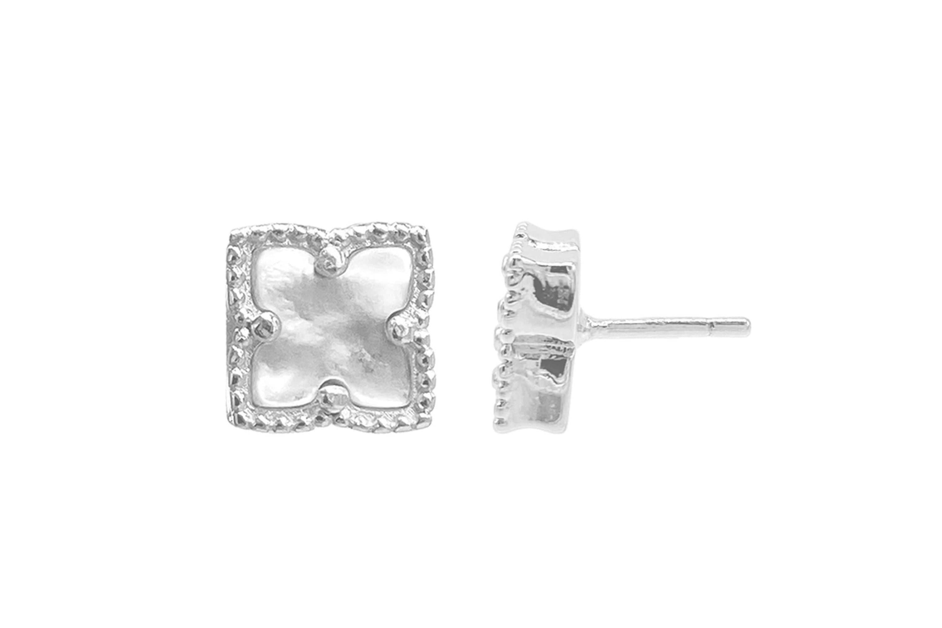 Rhodium Plated Flower White Mother of Pearl Stud Earrings