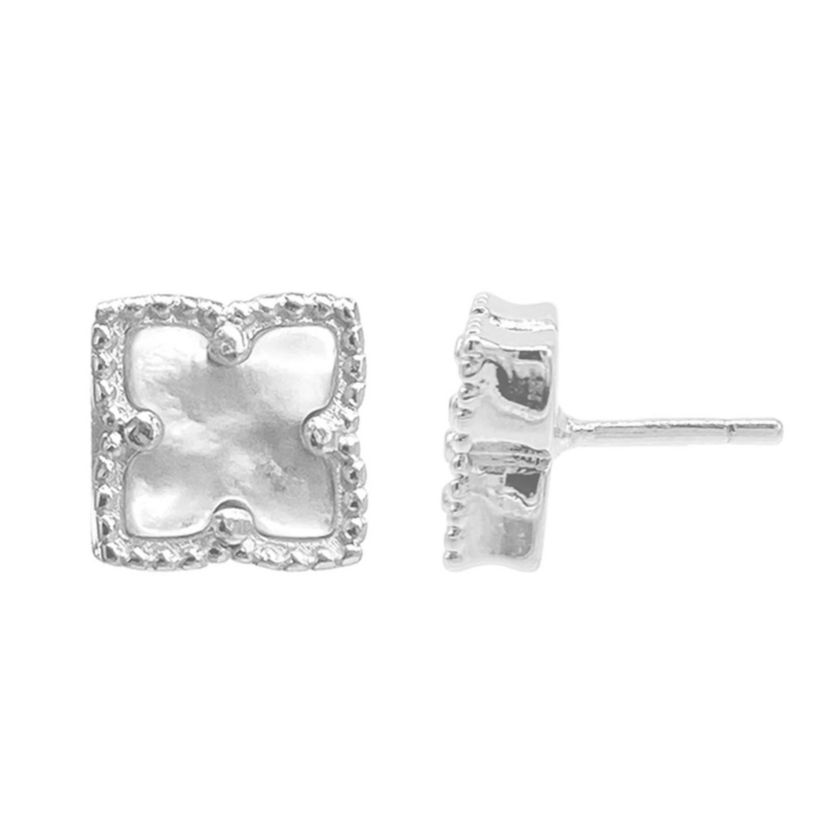 Rhodium Plated Flower White Mother of Pearl Stud Earrings