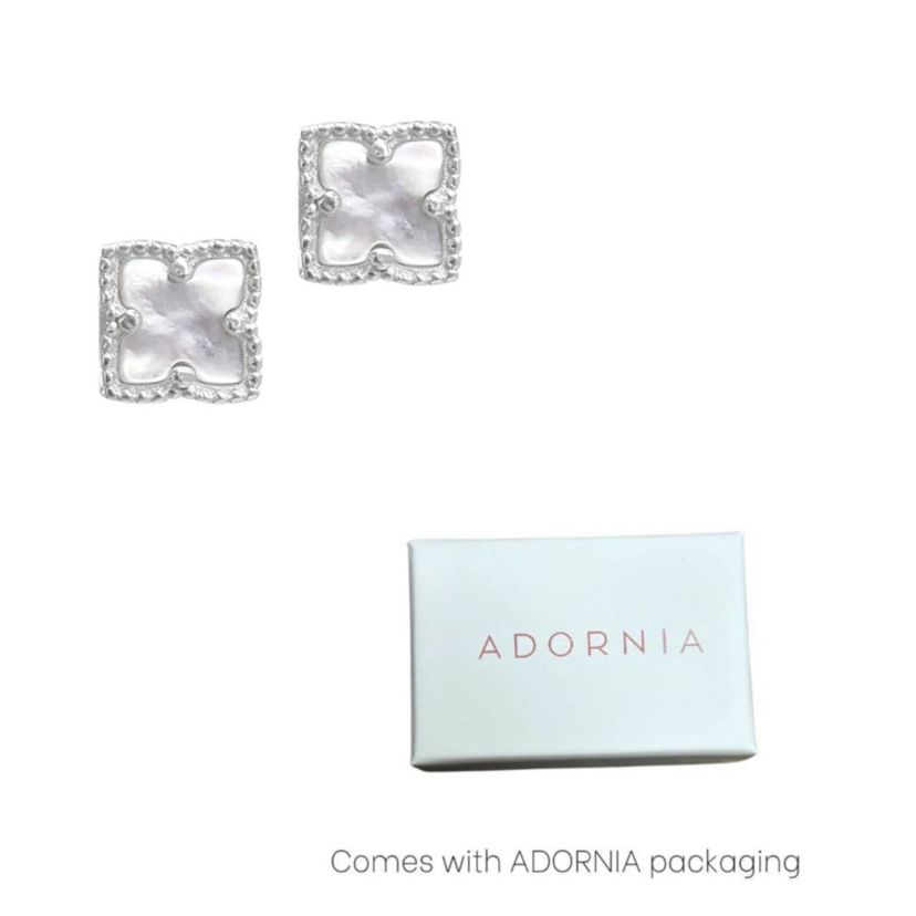 Rhodium Plated Flower White Mother of Pearl Stud Earrings