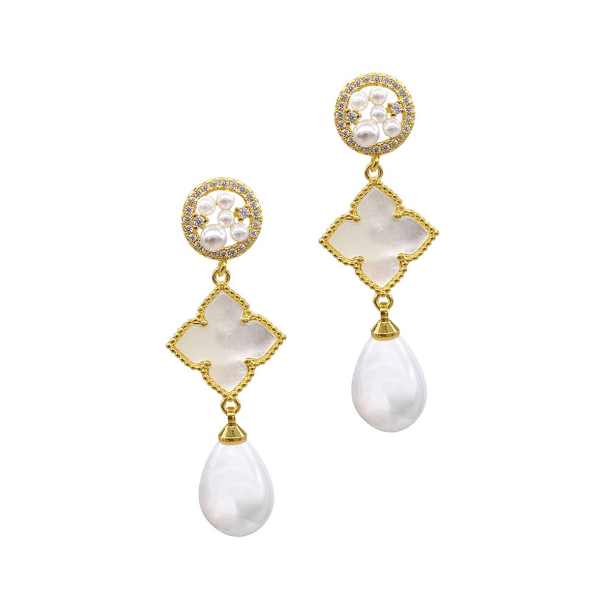 14k Gold Plated 3-Tier Flower White Mother of Pearl Drop Earrings