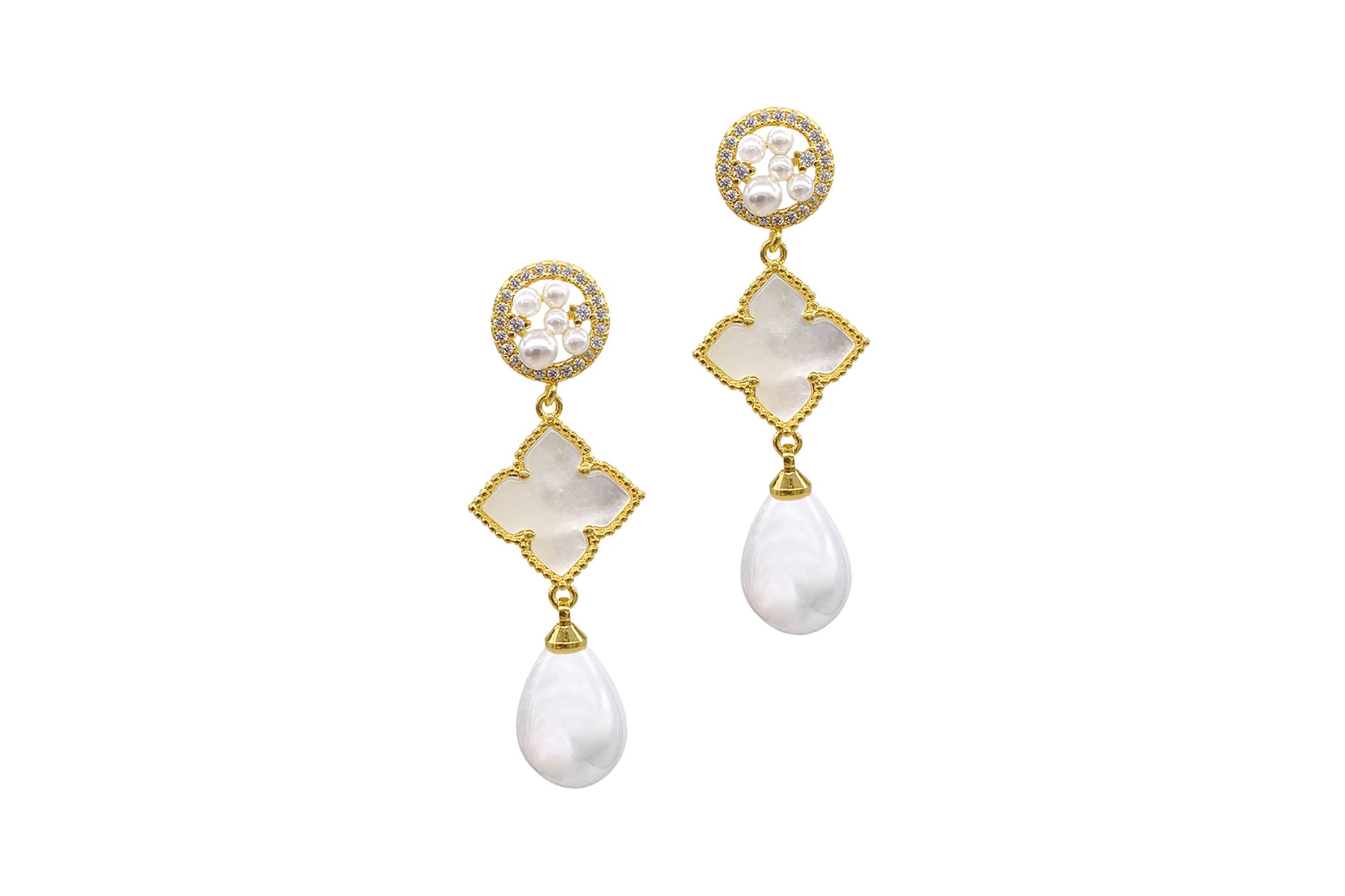 14k Gold Plated 3-Tier Flower White Mother of Pearl Drop Earrings