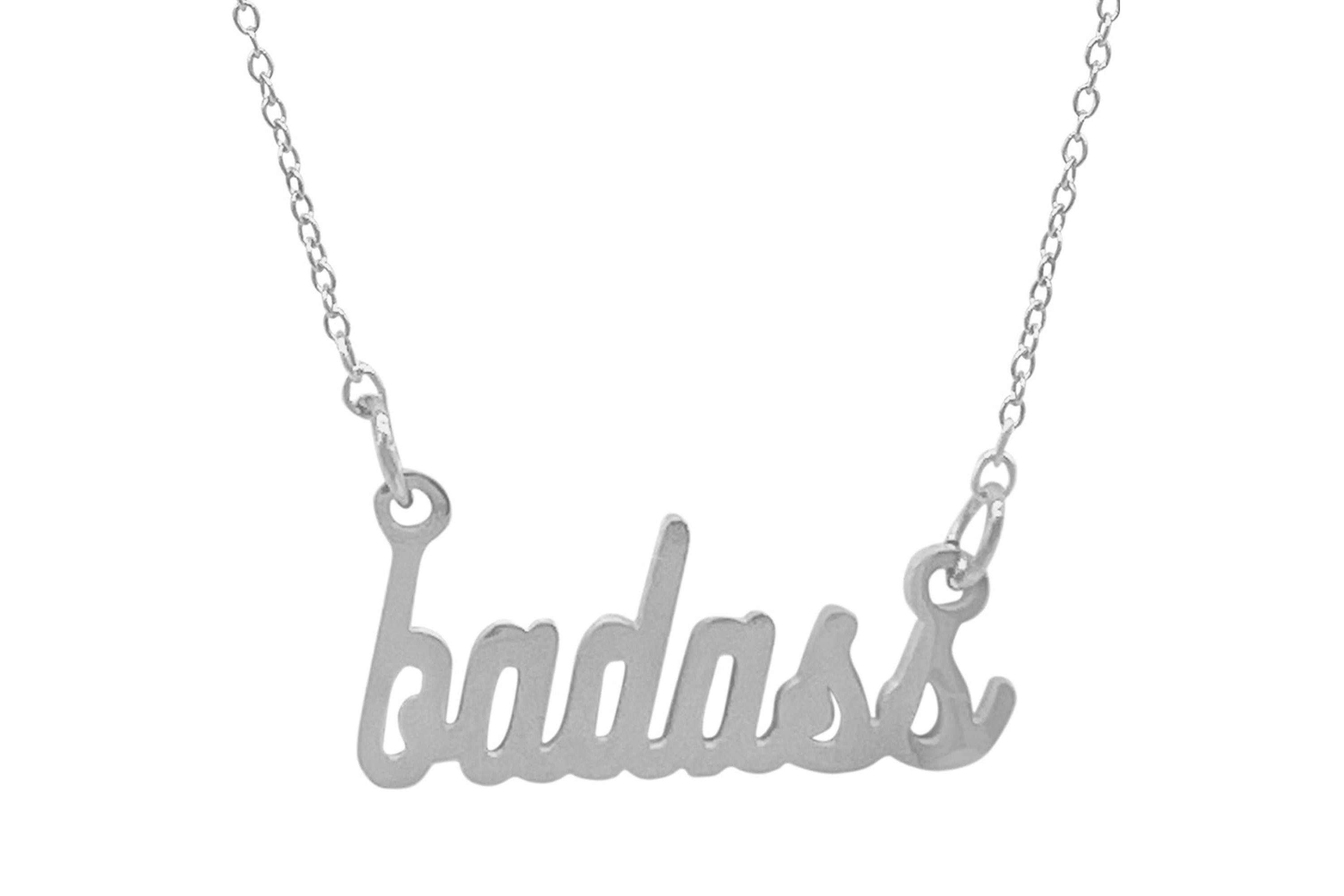 Tarnish Resistant Rhodium Plated Cursive Badass Necklace