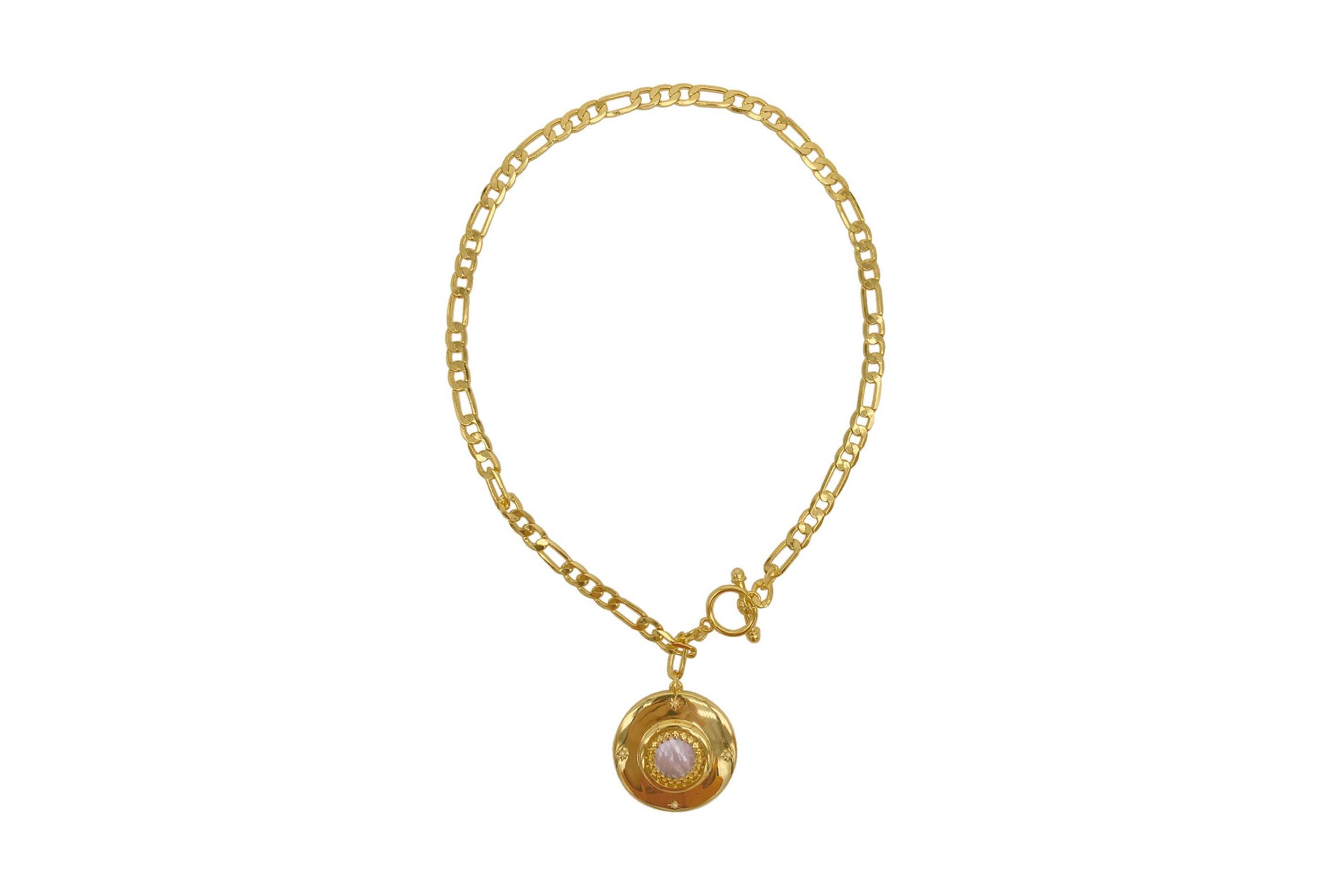 14k Gold Plated Mother of Pearl Disc Toggle Necklace