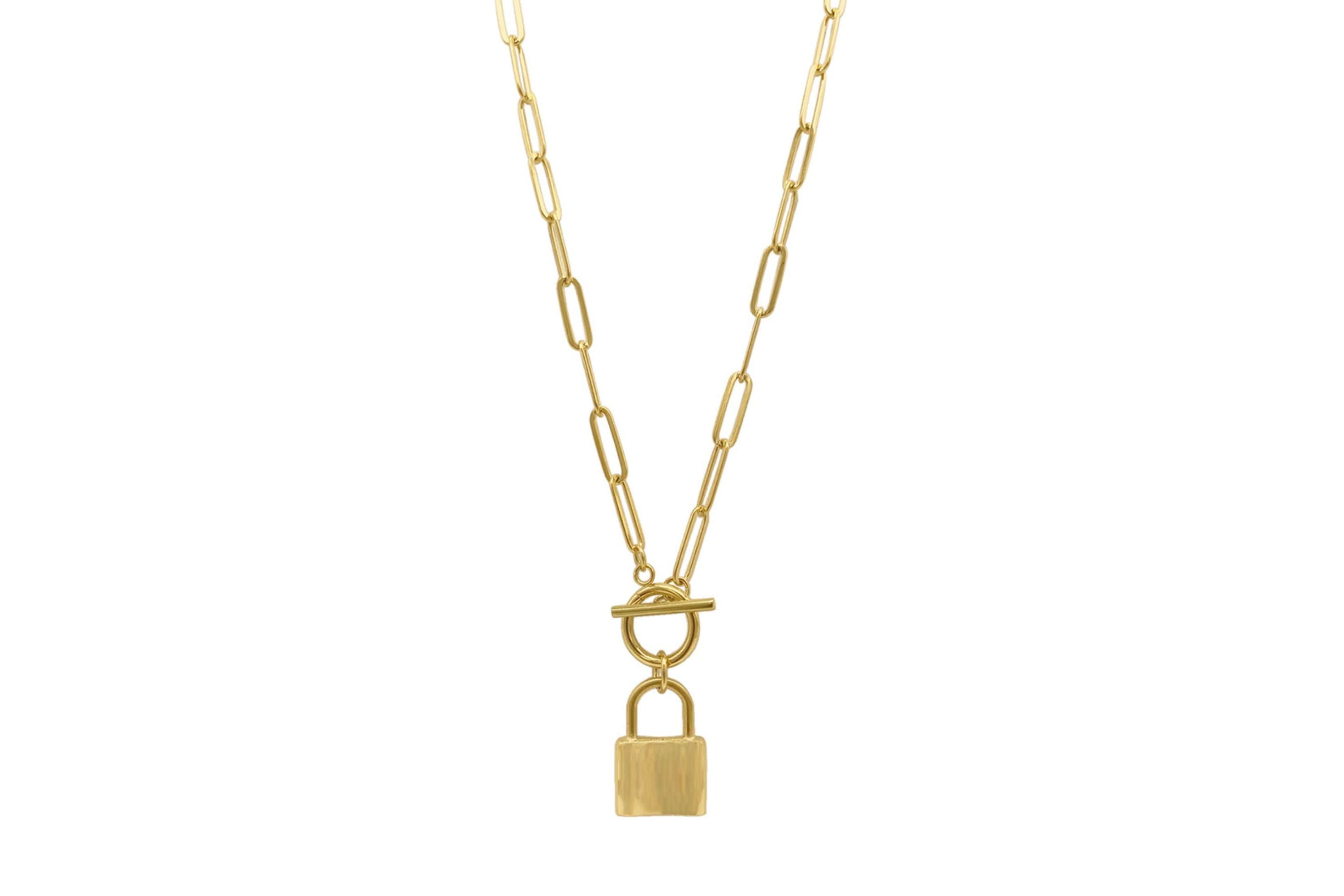 Tarnish Resistant 14k Gold Plated Lock Paper Clip Chain Toggle Necklace
