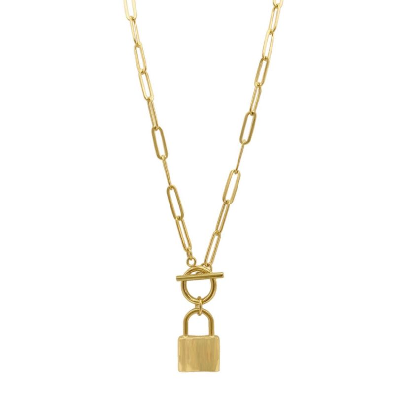 Tarnish Resistant 14k Gold Plated Lock Paper Clip Chain Toggle Necklace