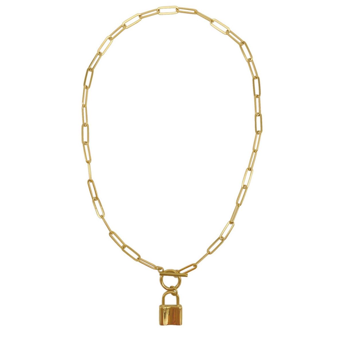 Tarnish Resistant 14k Gold Plated Lock Paper Clip Chain Toggle Necklace