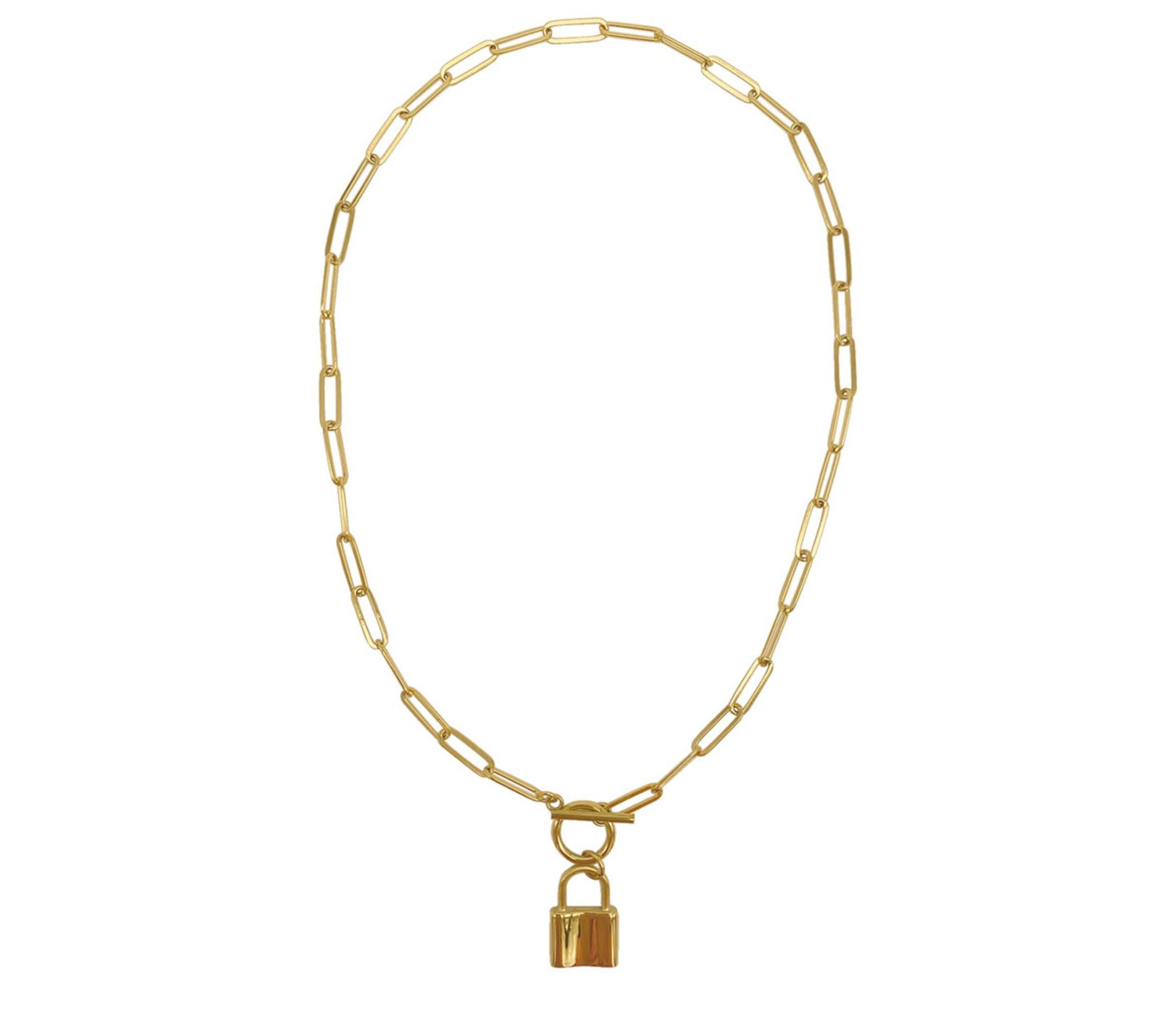 Tarnish Resistant 14k Gold Plated Lock Paper Clip Chain Toggle Necklace