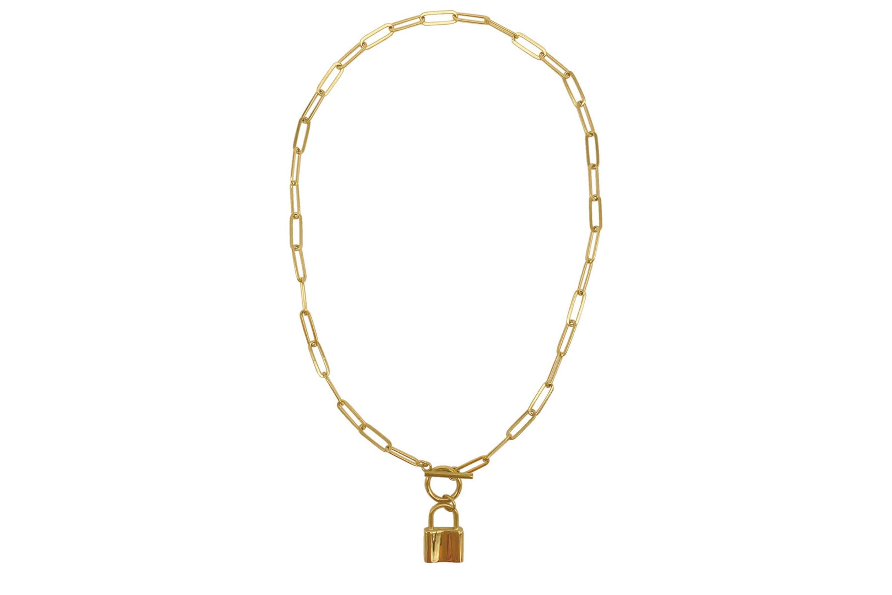 Tarnish Resistant 14k Gold Plated Lock Paper Clip Chain Toggle Necklace