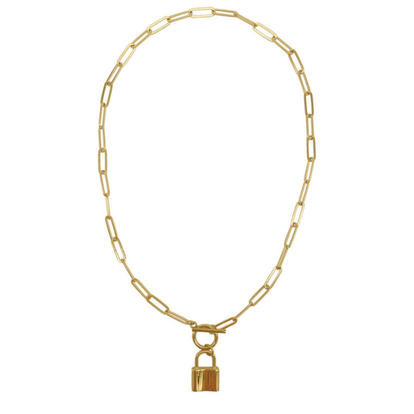 Tarnish Resistant 14k Gold Plated Lock Paper Clip Chain Toggle Necklace