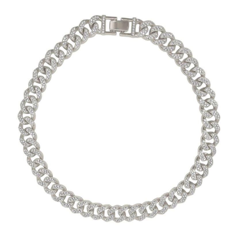 Rhodium Plated Flat Curb CZ Chain Necklace