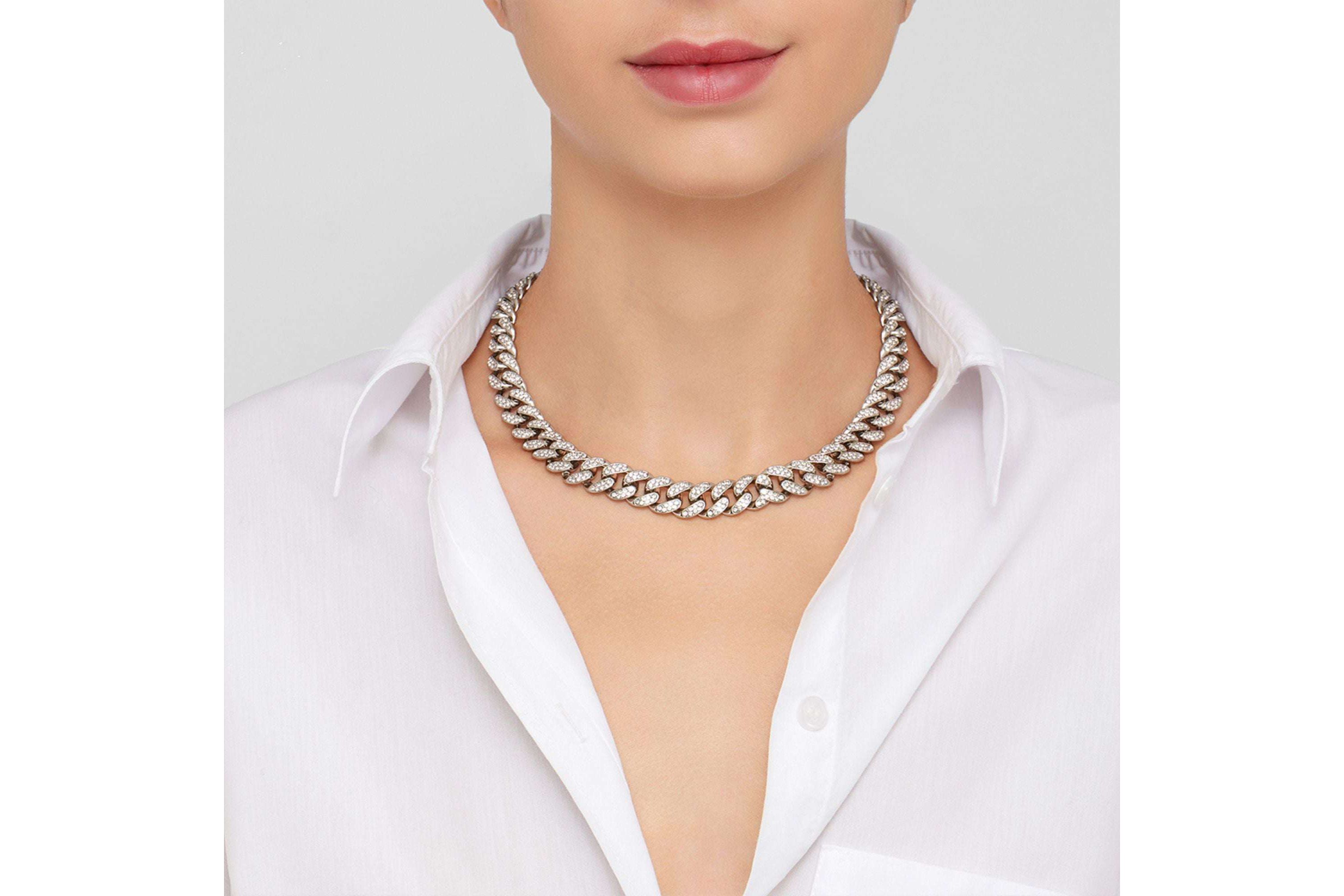 Rhodium Plated Flat Curb CZ Chain Necklace