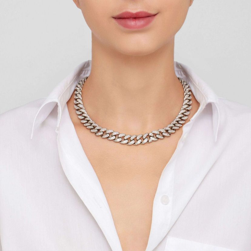 Rhodium Plated Flat Curb CZ Chain Necklace