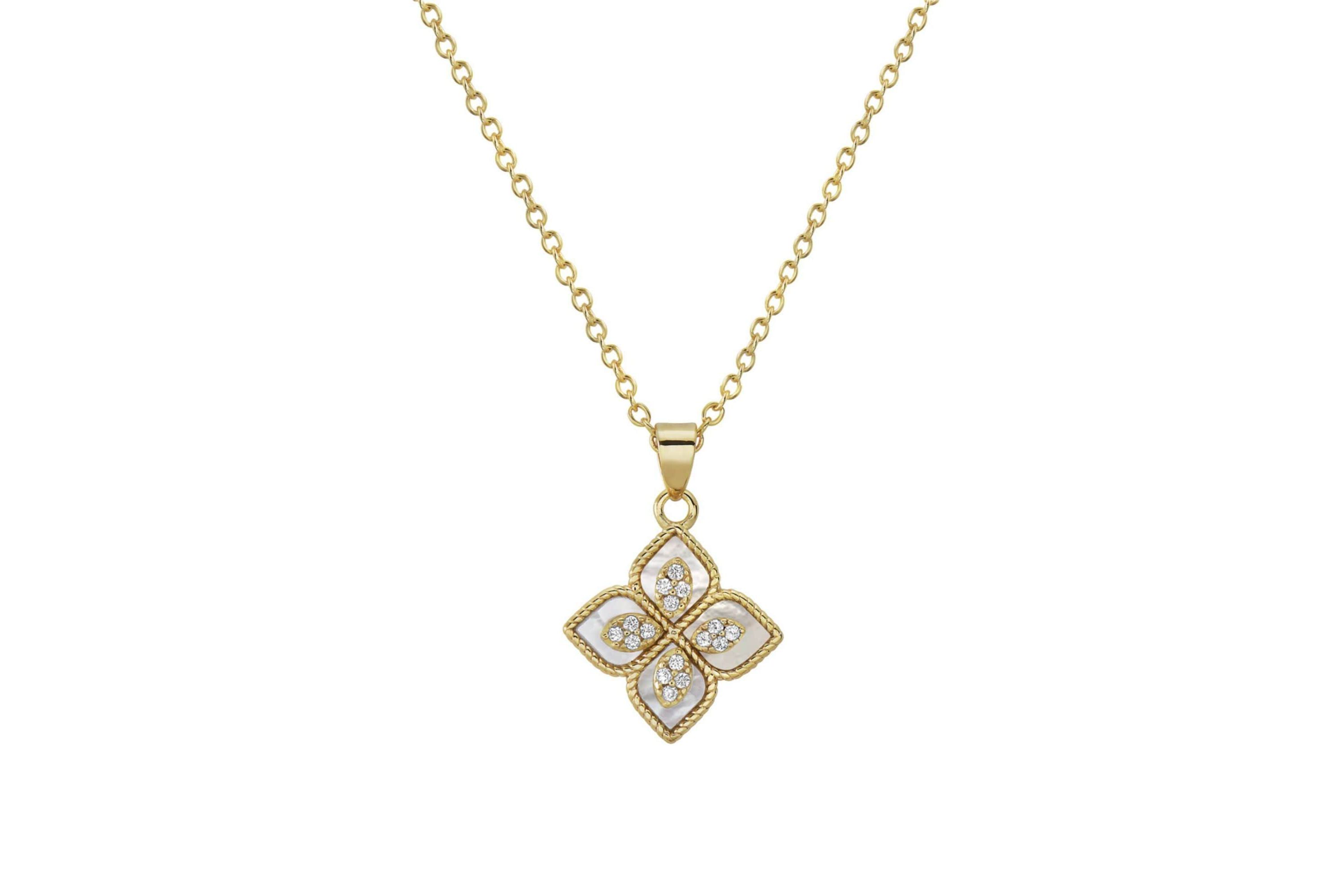 14k Gold Plated Renaissance Flower Crystal White Mother of Pearl Necklace