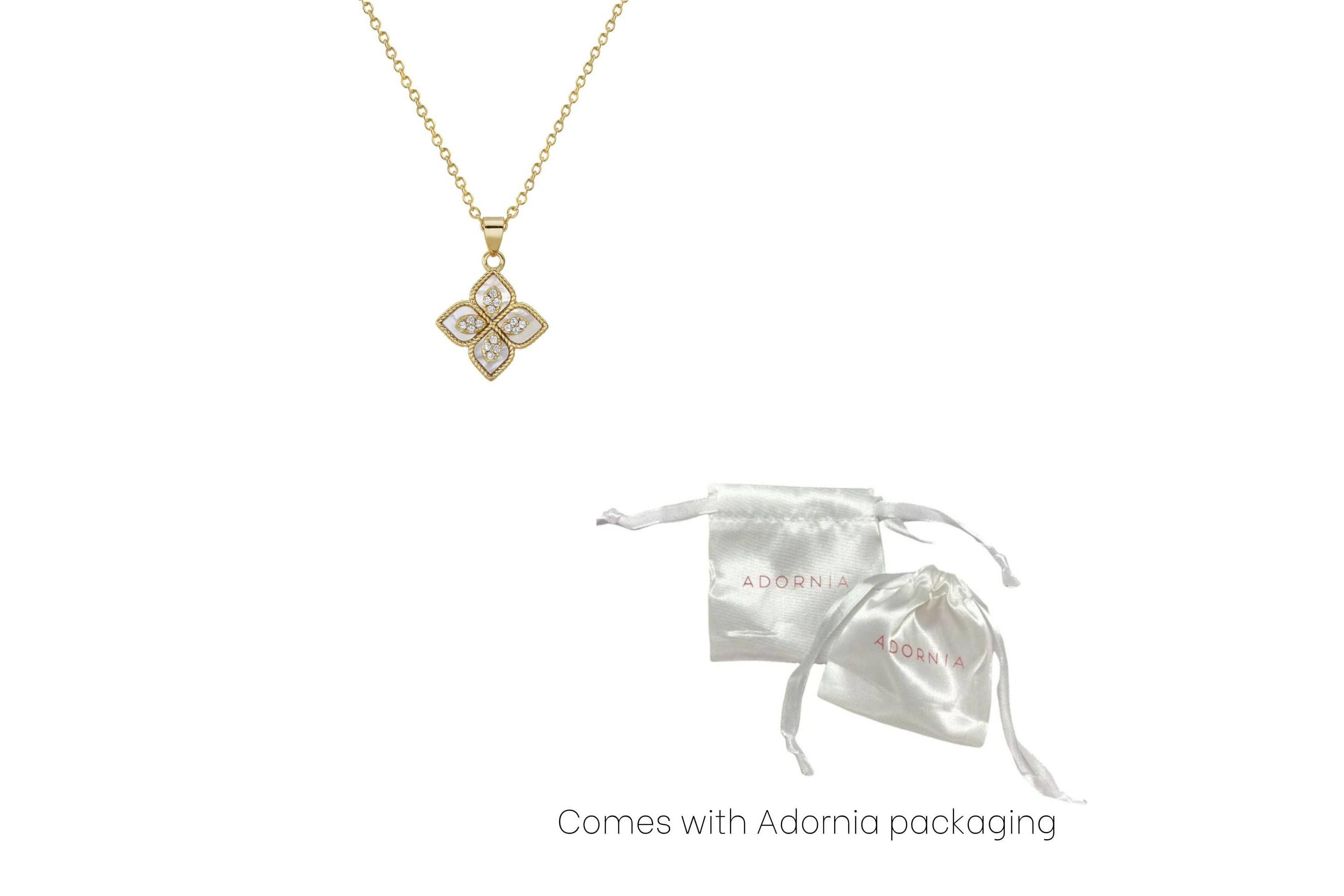 14k Gold Plated Renaissance Flower Crystal White Mother of Pearl Necklace