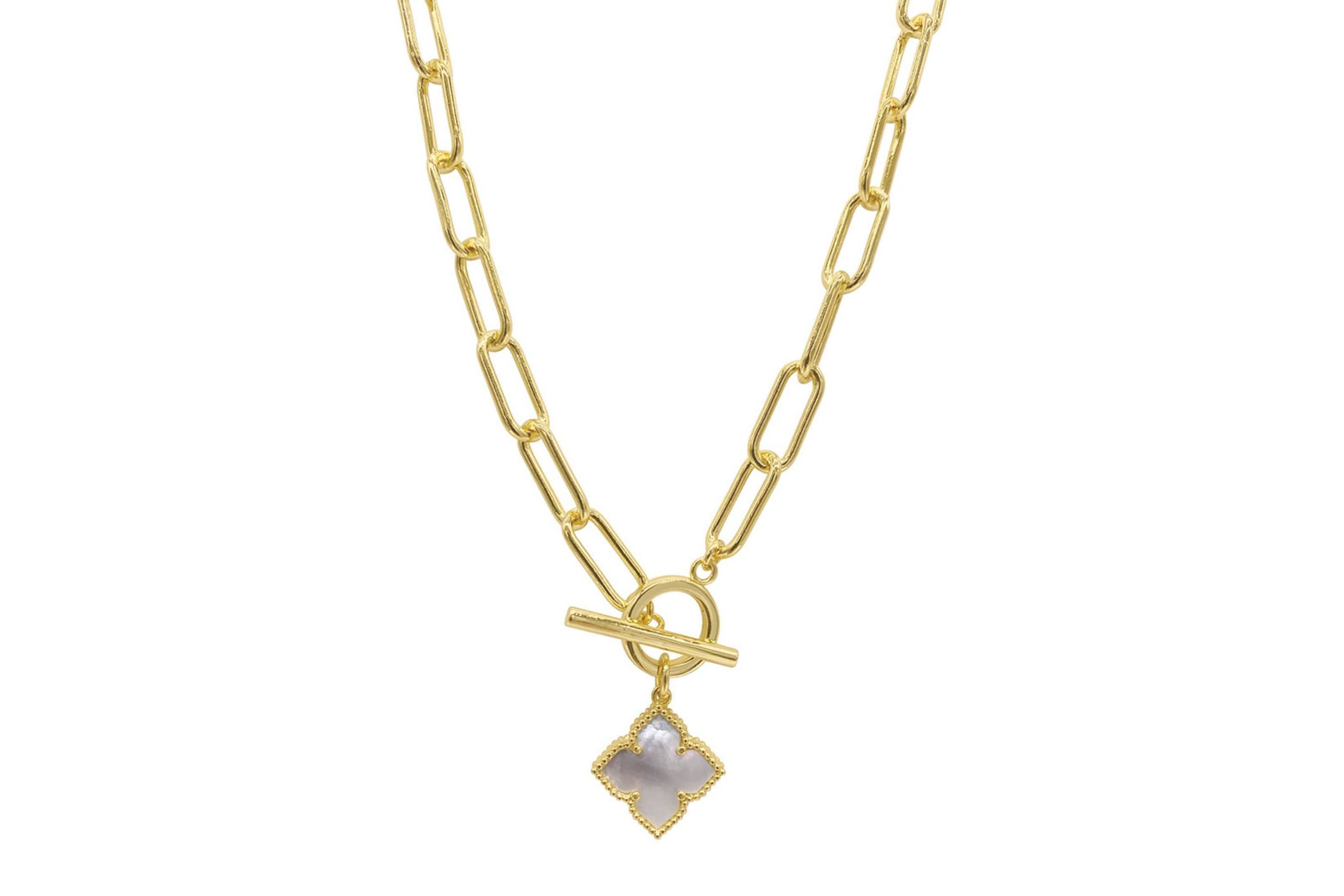 14k Gold Plated Flower White Mother of Pearl Paper Clip Chain Toggle Necklace