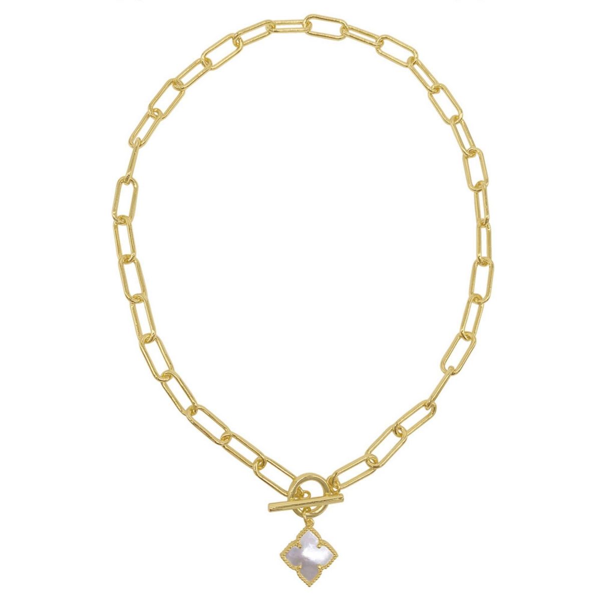 14k Gold Plated Flower White Mother of Pearl Paper Clip Chain Toggle Necklace