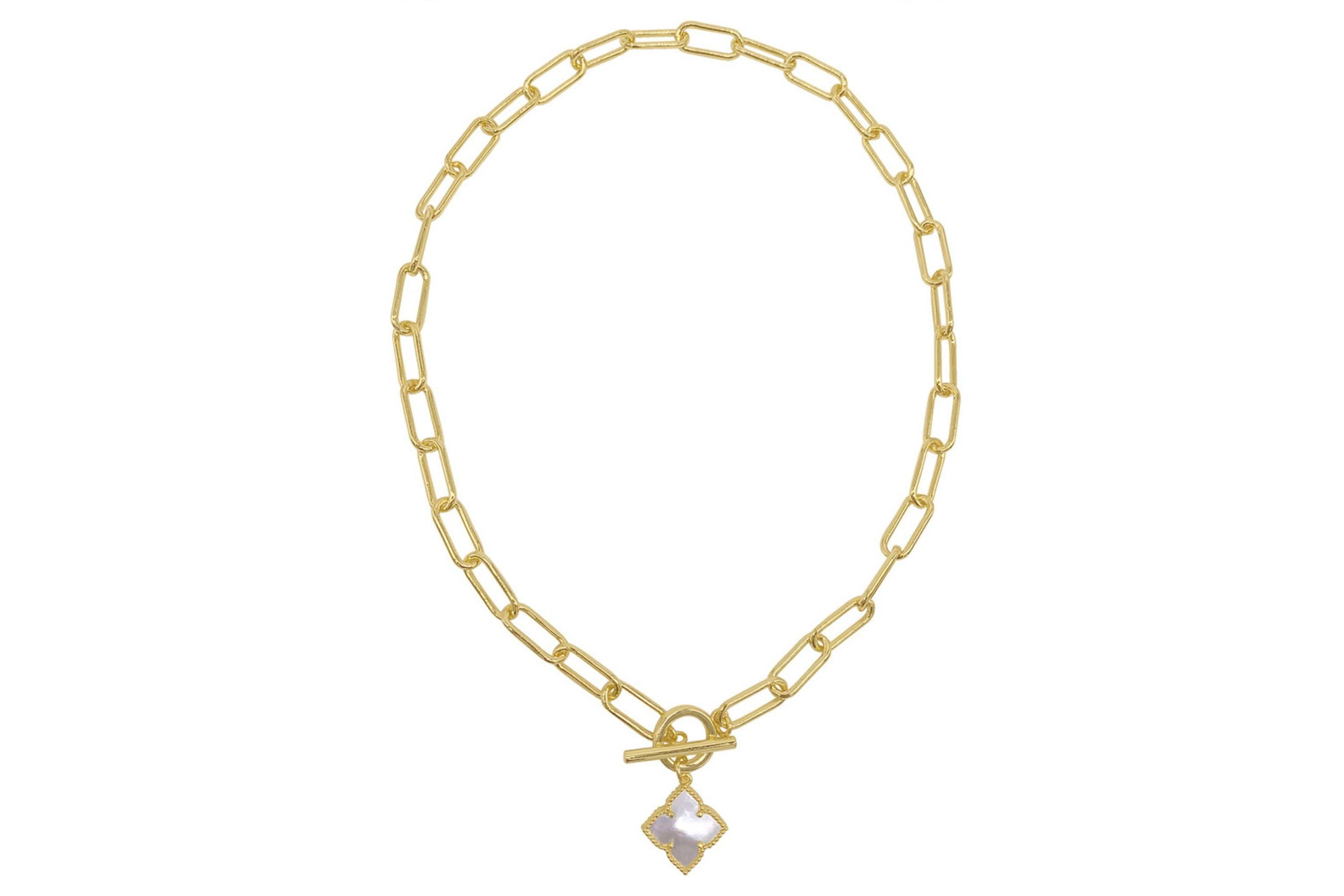 14k Gold Plated Flower White Mother of Pearl Paper Clip Chain Toggle Necklace