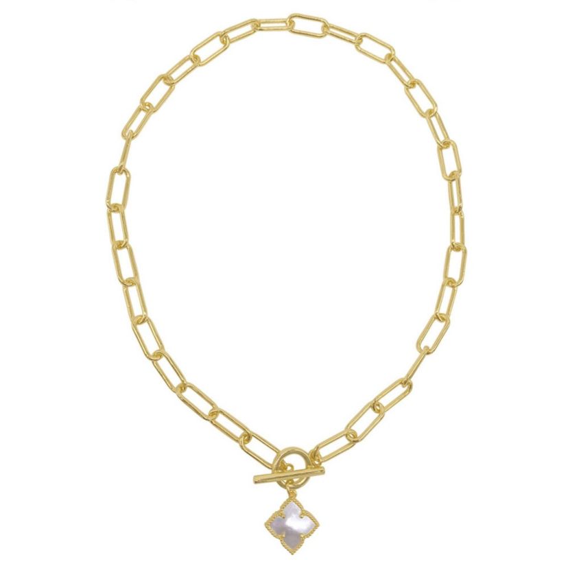 14k Gold Plated Flower White Mother of Pearl Paper Clip Chain Toggle Necklace