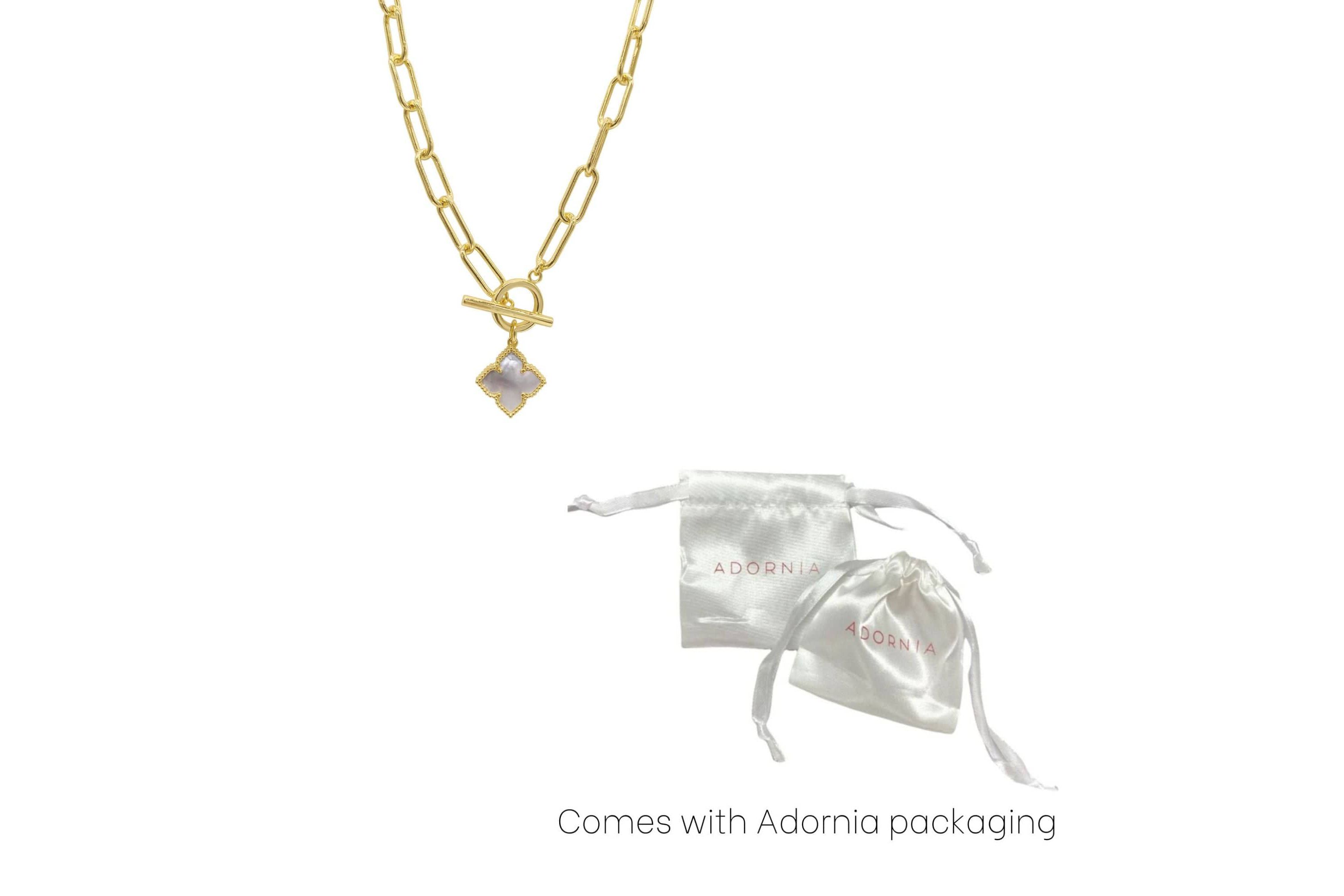 14k Gold Plated Flower White Mother of Pearl Paper Clip Chain Toggle Necklace