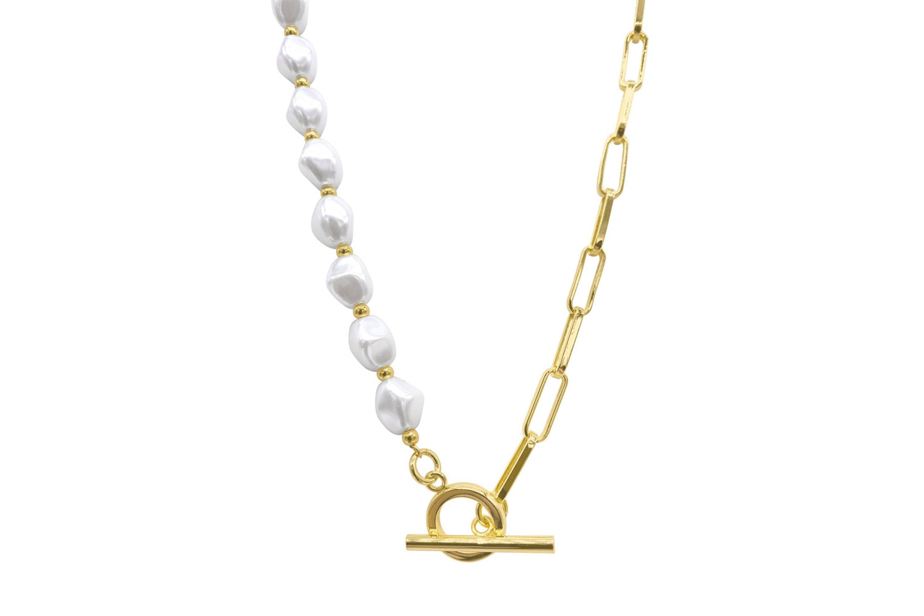 Tarnish Resistant 14k Gold Plated Pearl and Paper Clip Chain Toggle Necklace