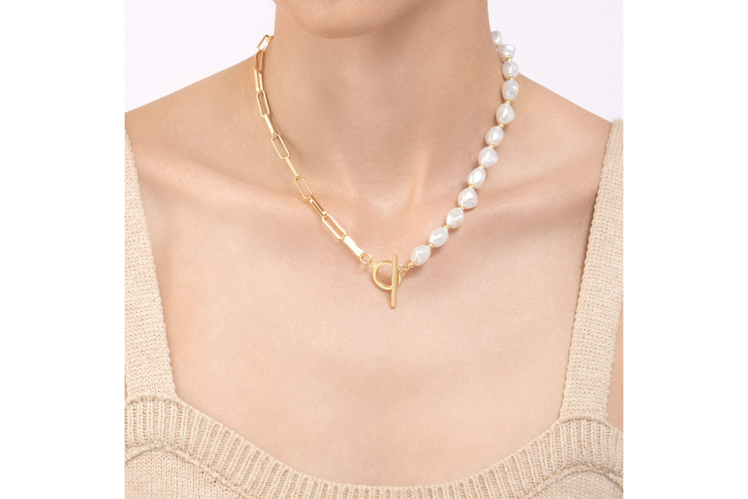 Tarnish Resistant 14k Gold Plated Pearl and Paper Clip Chain Toggle Necklace