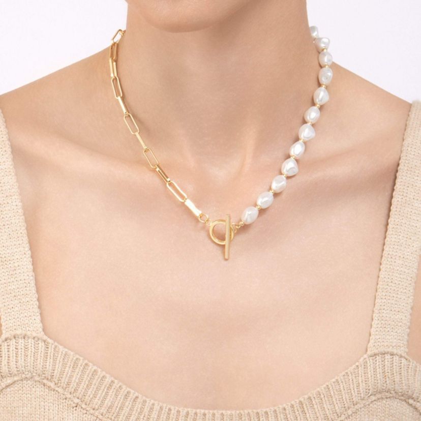 Tarnish Resistant 14k Gold Plated Pearl and Paper Clip Chain Toggle Necklace