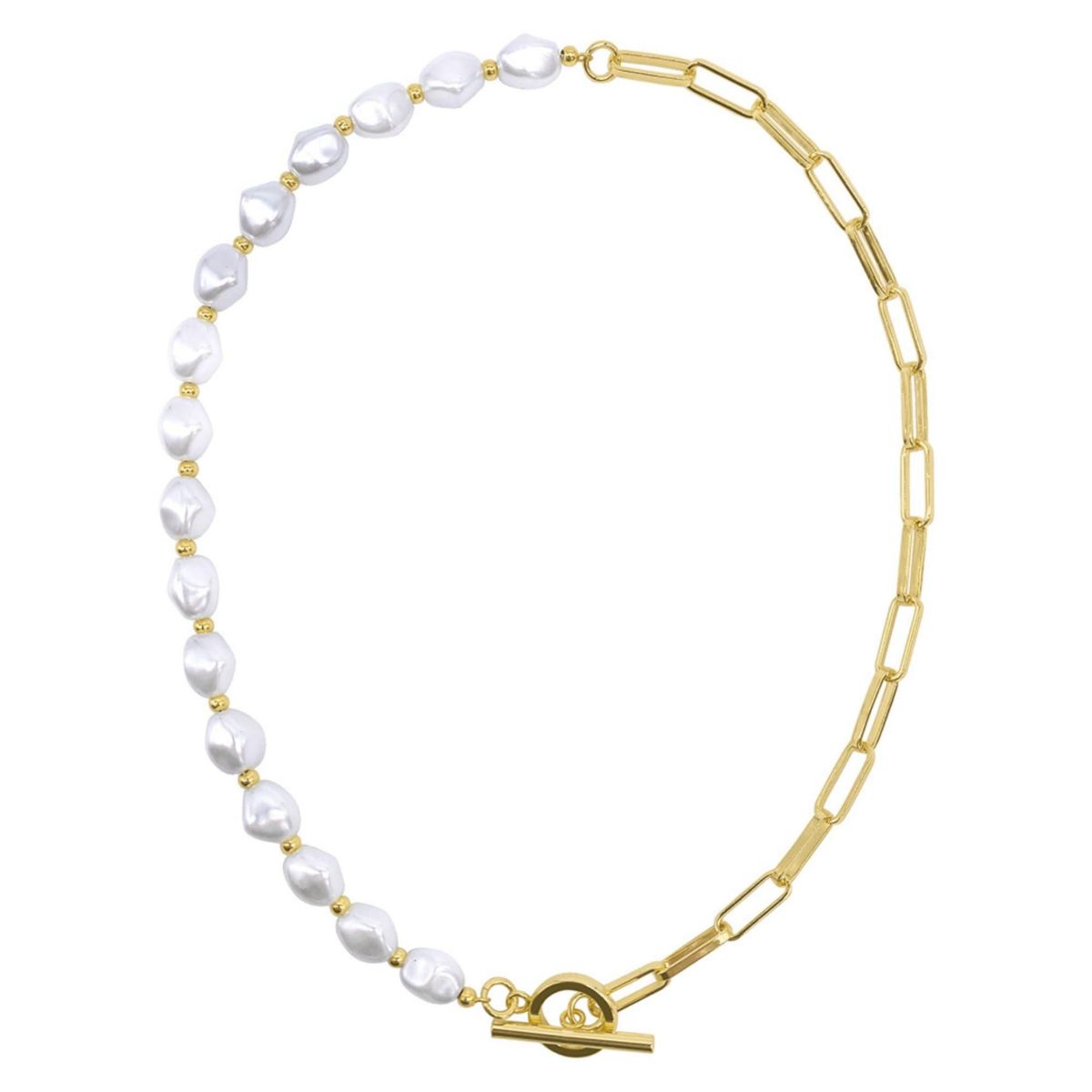 Tarnish Resistant 14k Gold Plated Pearl and Paper Clip Chain Toggle Necklace