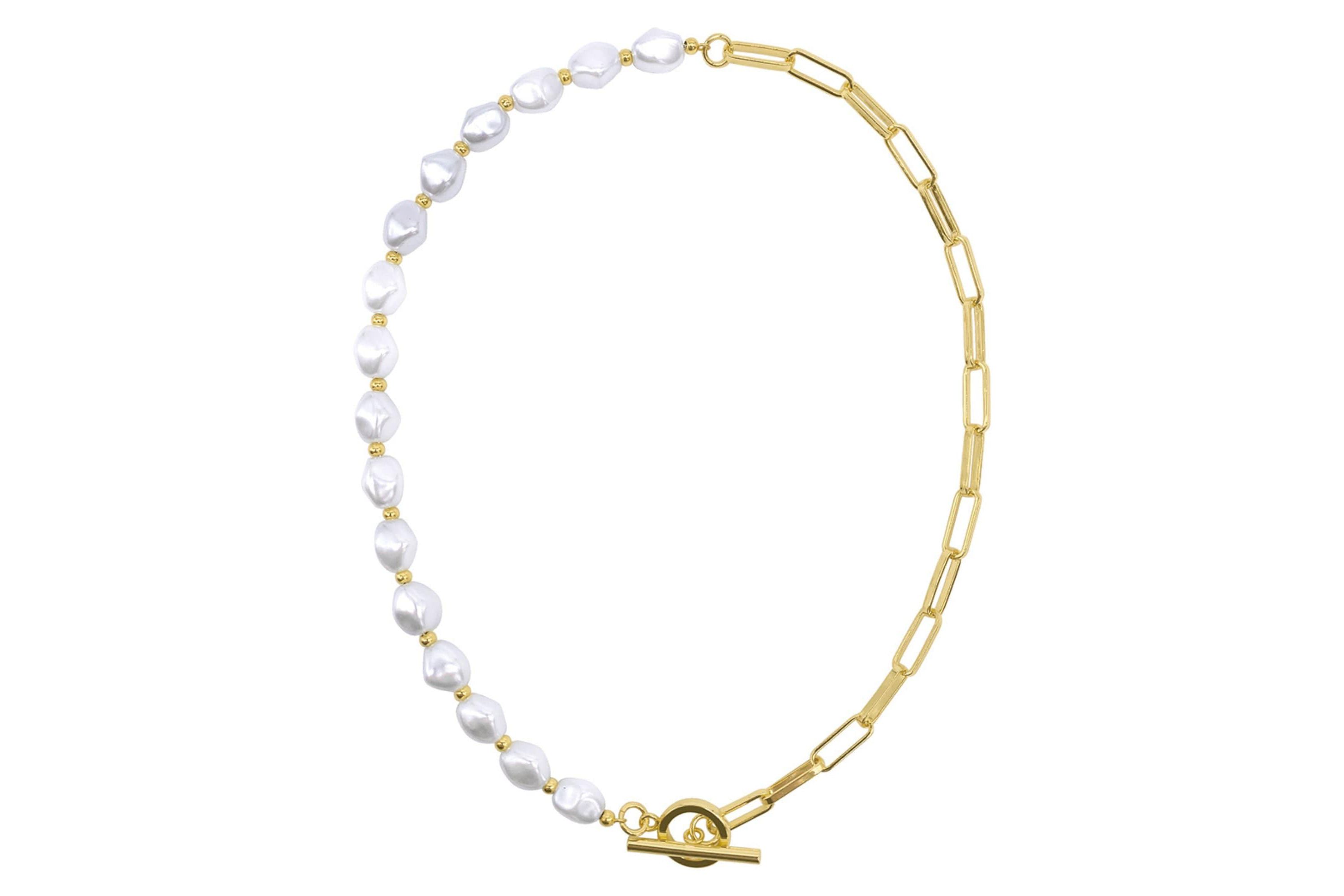 Tarnish Resistant 14k Gold Plated Pearl and Paper Clip Chain Toggle Necklace